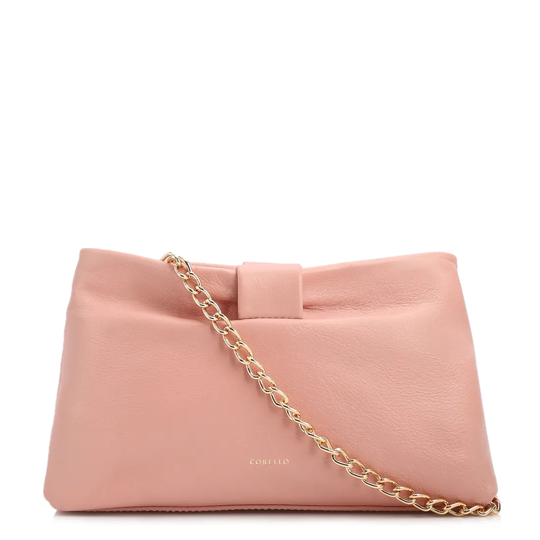 Bolsa Transversal Pequena Couro Rosa Laço Corrente Dourada