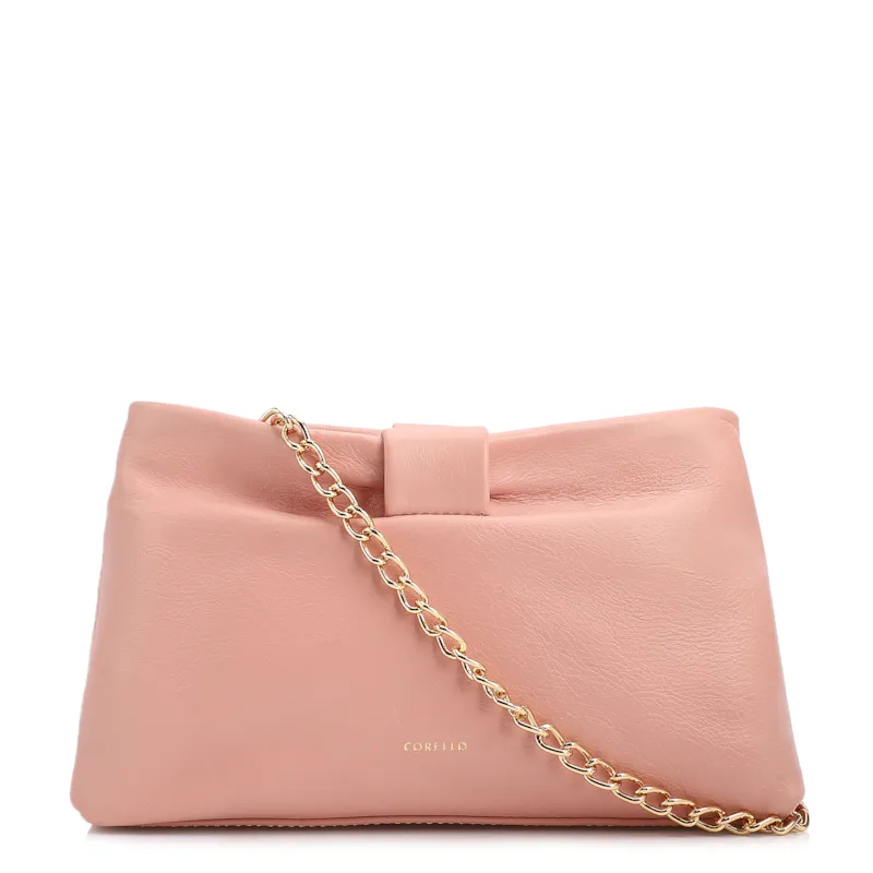 Bolsa Transversal Pequena Couro Rosa Laço Corrente Dourada