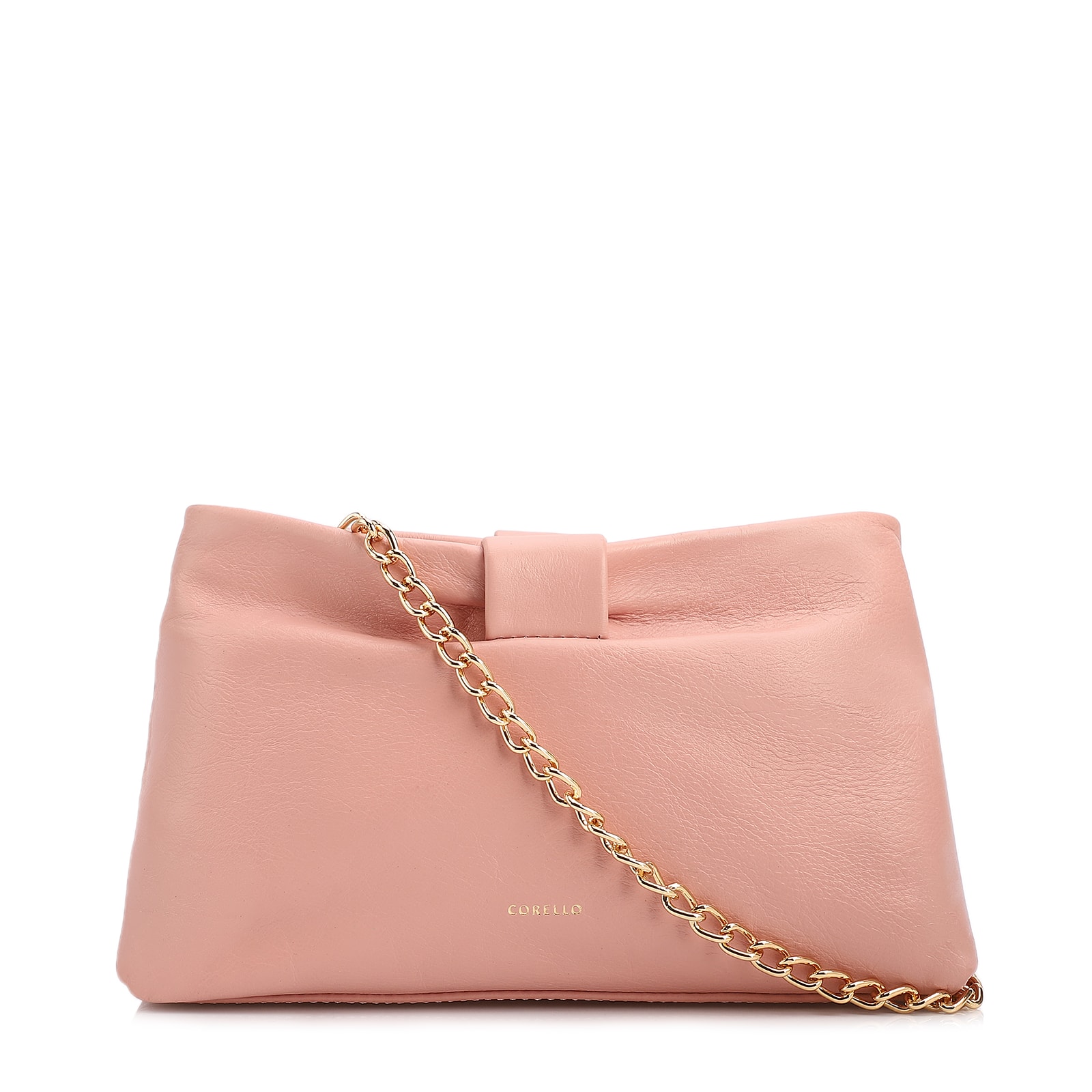 Bolsa Transversal Pequena Couro Rosa Laço Corrente Dourada