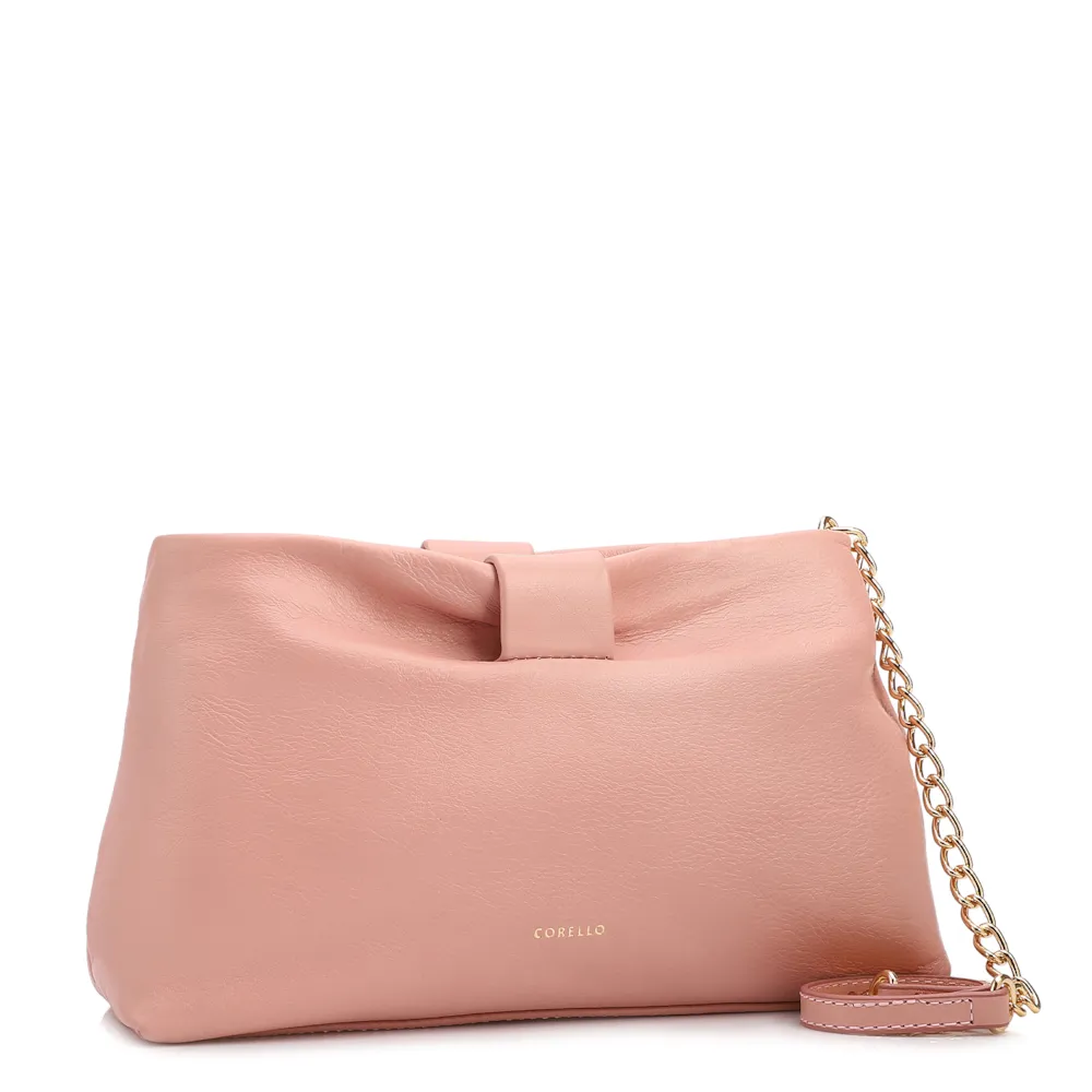 Bolsa Transversal Pequena Couro Rosa Laço Corrente Dourada - imagem 2