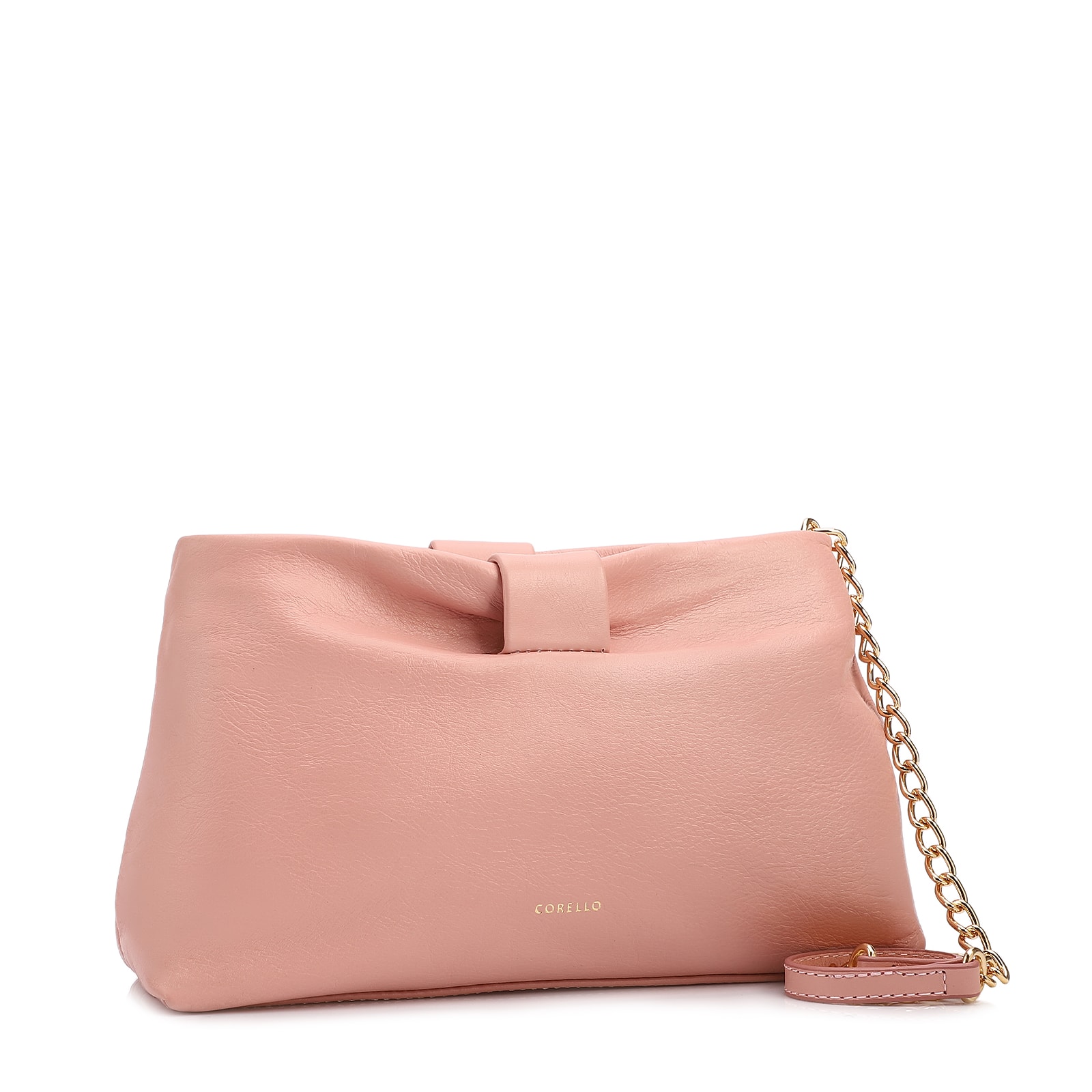 Bolsa Transversal Pequena Couro Rosa Laço Corrente Dourada