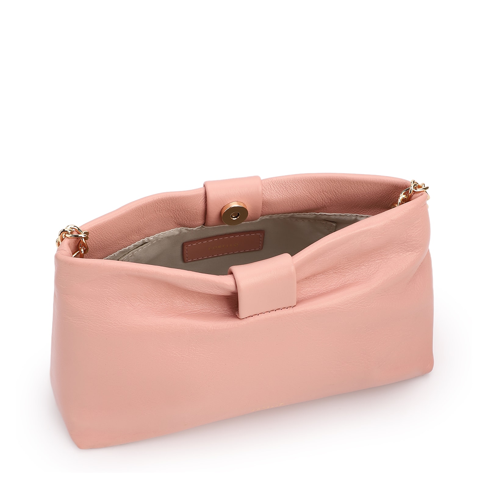 Bolsa Transversal Pequena Couro Rosa Laço Corrente Dourada