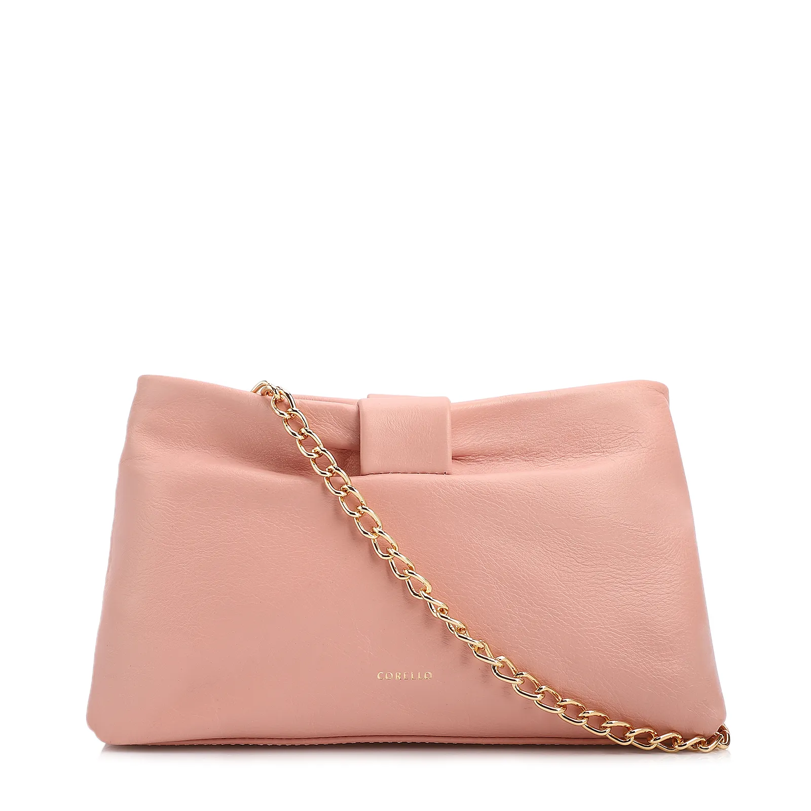 Bolsa Transversal Pequena Couro Rosa Laço Corrente Dourada