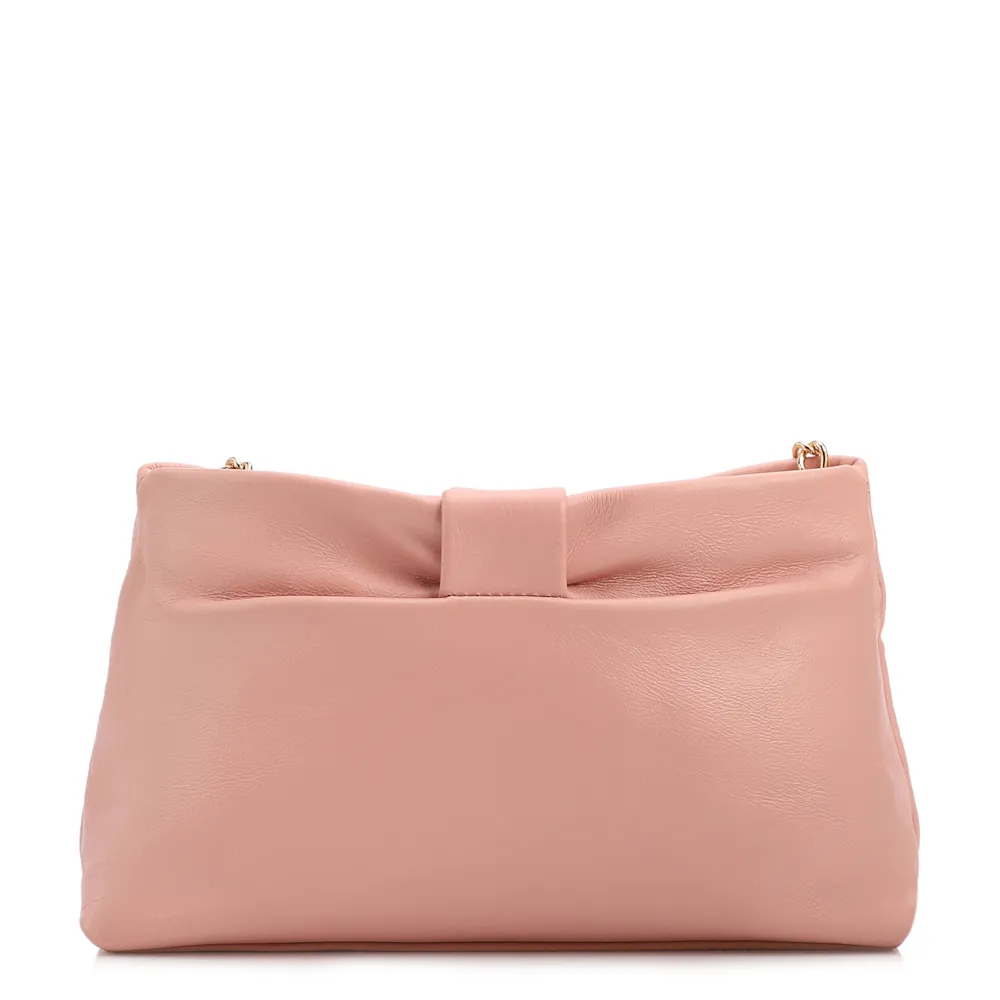Bolsa Transversal Pequena Couro Rosa Laço Corrente Dourada - imagem 3
