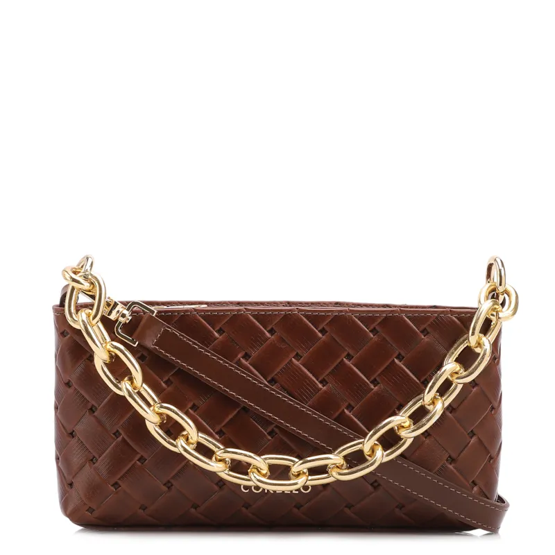 Bolsa Transversal Pequena Couro Textura Tressê Marrom