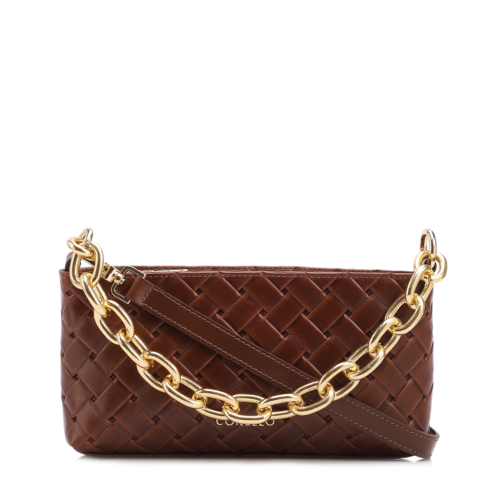 Bolsa Transversal Pequena Couro Textura Tressê Marrom