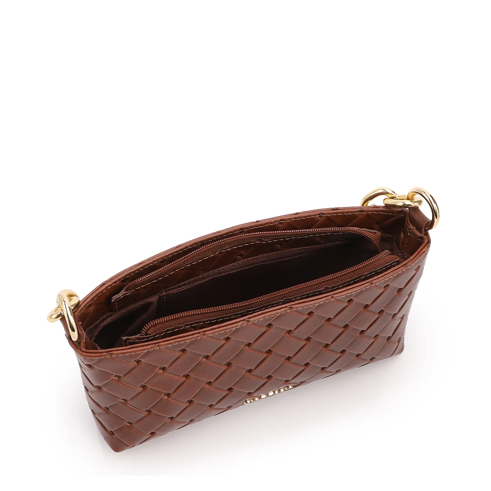 Bolsa Transversal Pequena Couro Textura Tressê Marrom