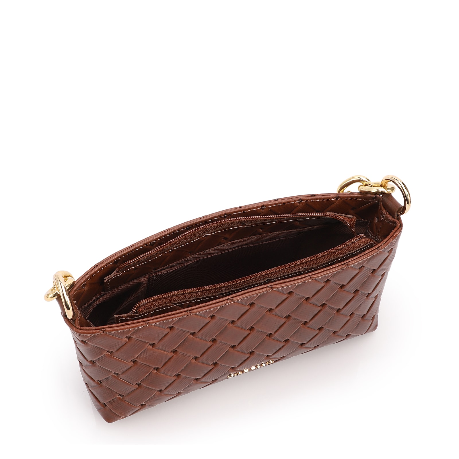 Bolsa Transversal Pequena Couro Textura Tressê Marrom