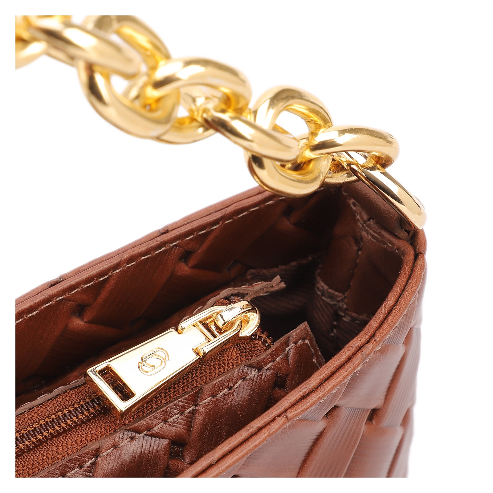 Bolsa Transversal Pequena Couro Textura Tressê Marrom