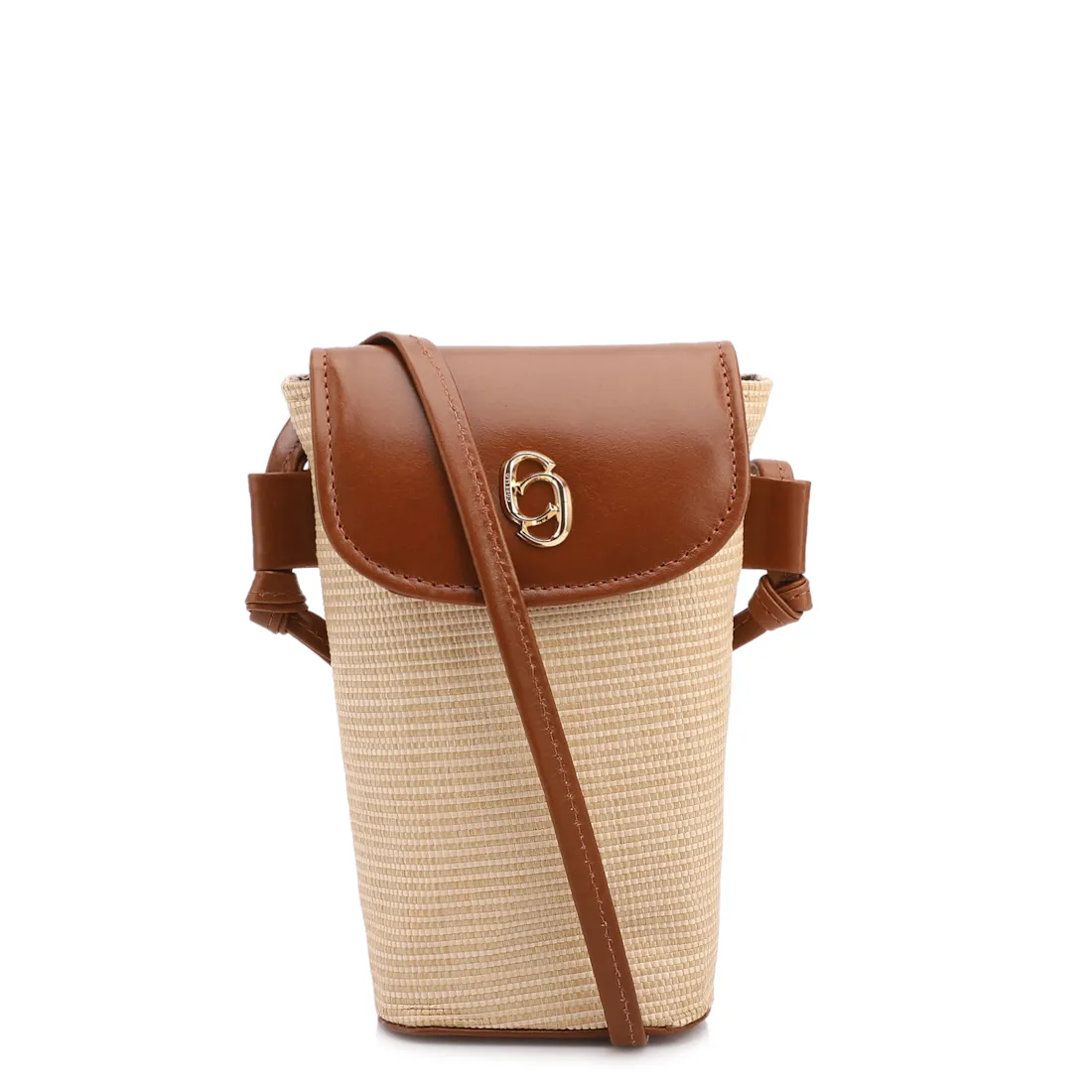 Bolsa Transversal Pequena Ráfia/Couro Marrom Claro Porta Celular