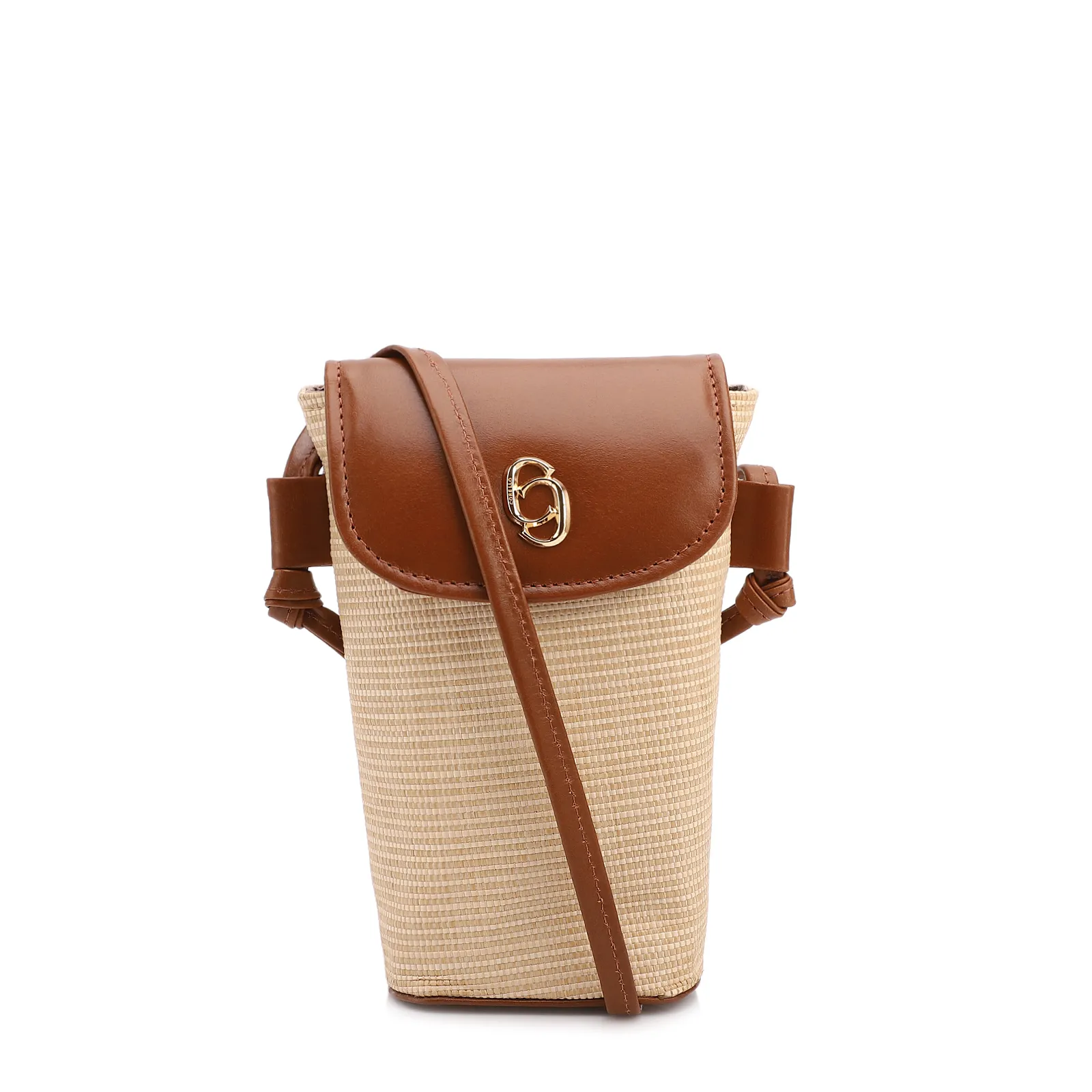 Bolsa Transversal Pequena Ráfia/Couro Marrom Claro Porta Celular