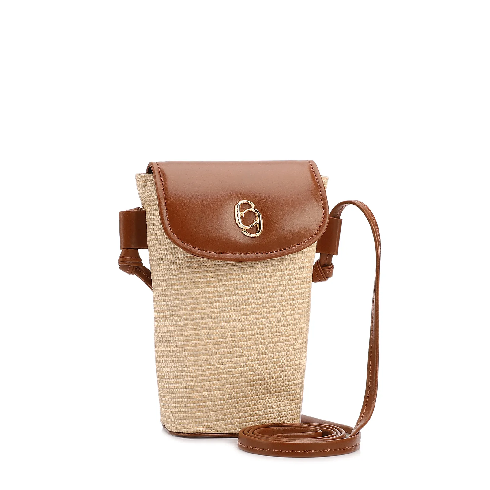 Bolsa Transversal Pequena Ráfia/Couro Marrom Claro Porta Celular