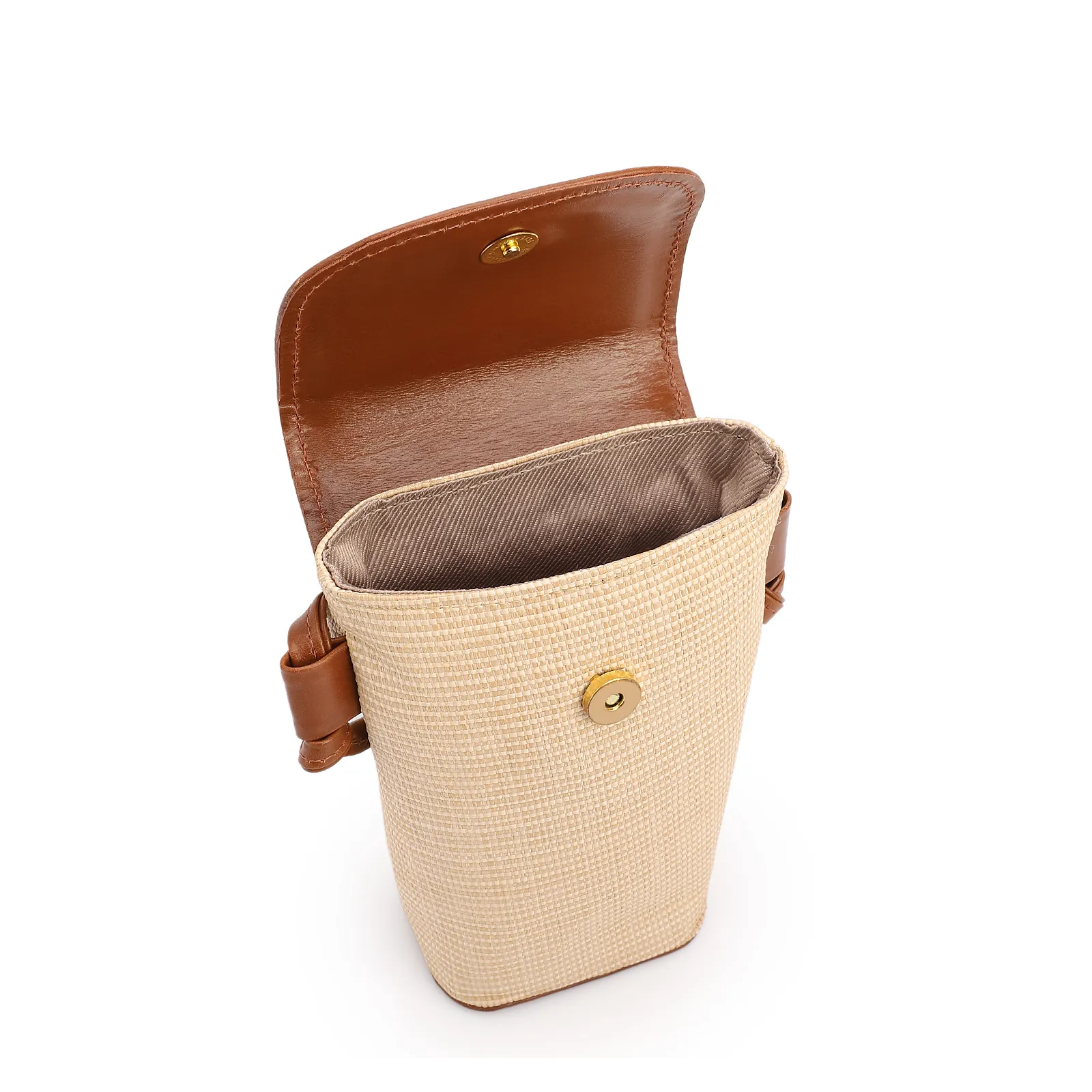 Bolsa Transversal Pequena Ráfia/Couro Marrom Claro Porta Celular