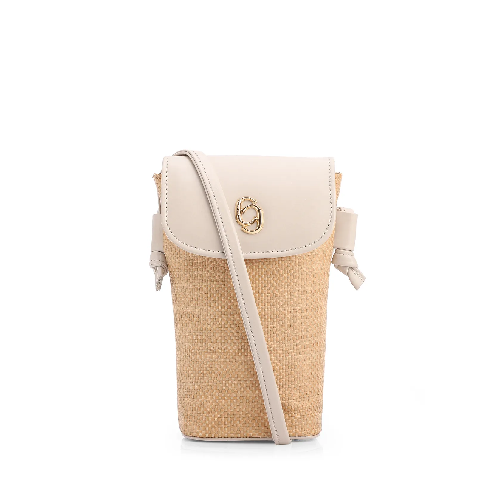 Bolsa Transversal Pequena Ráfia/Couro Off White Porta Celular