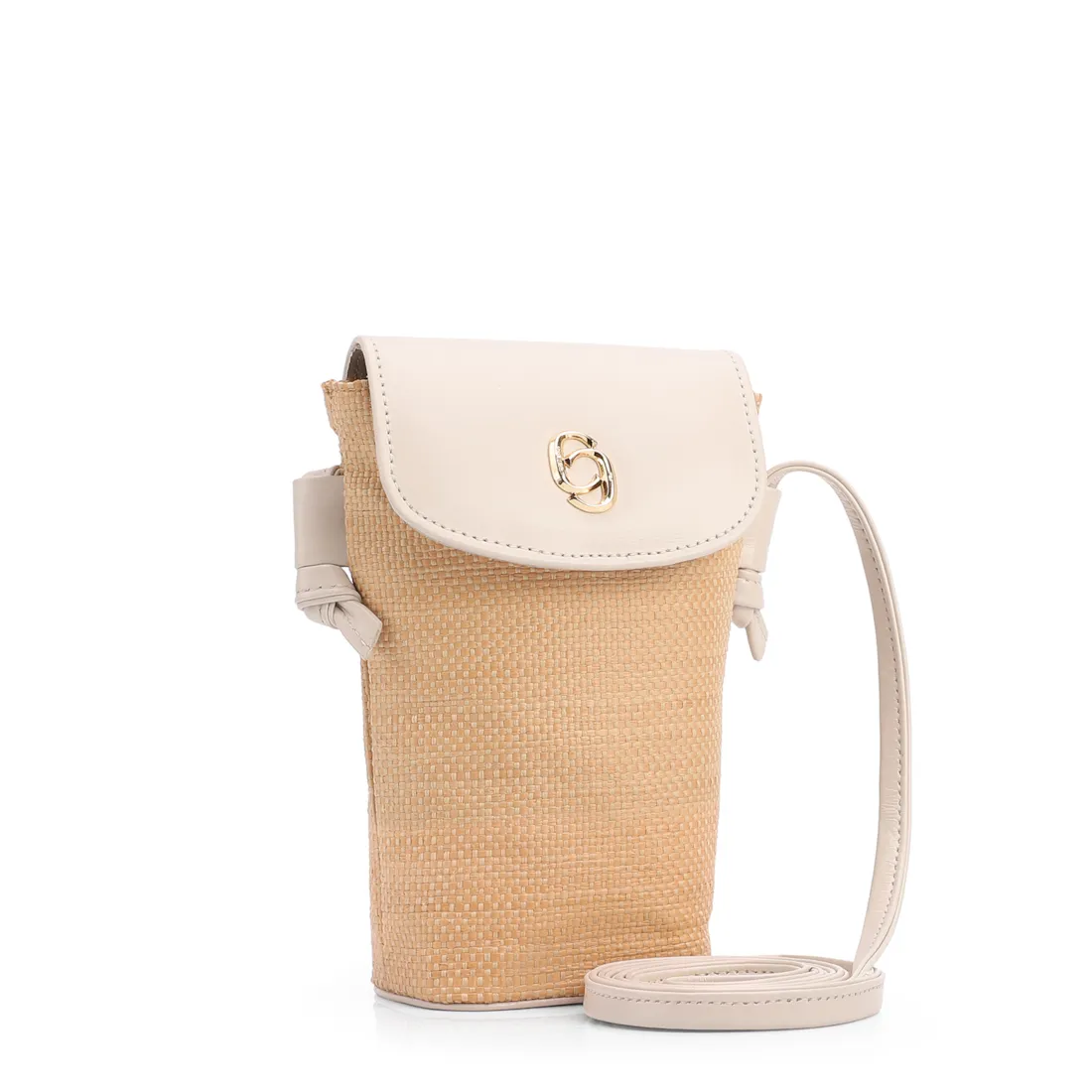 Bolsa Transversal Pequena Ráfia/Couro Off White Porta Celular - foto 2