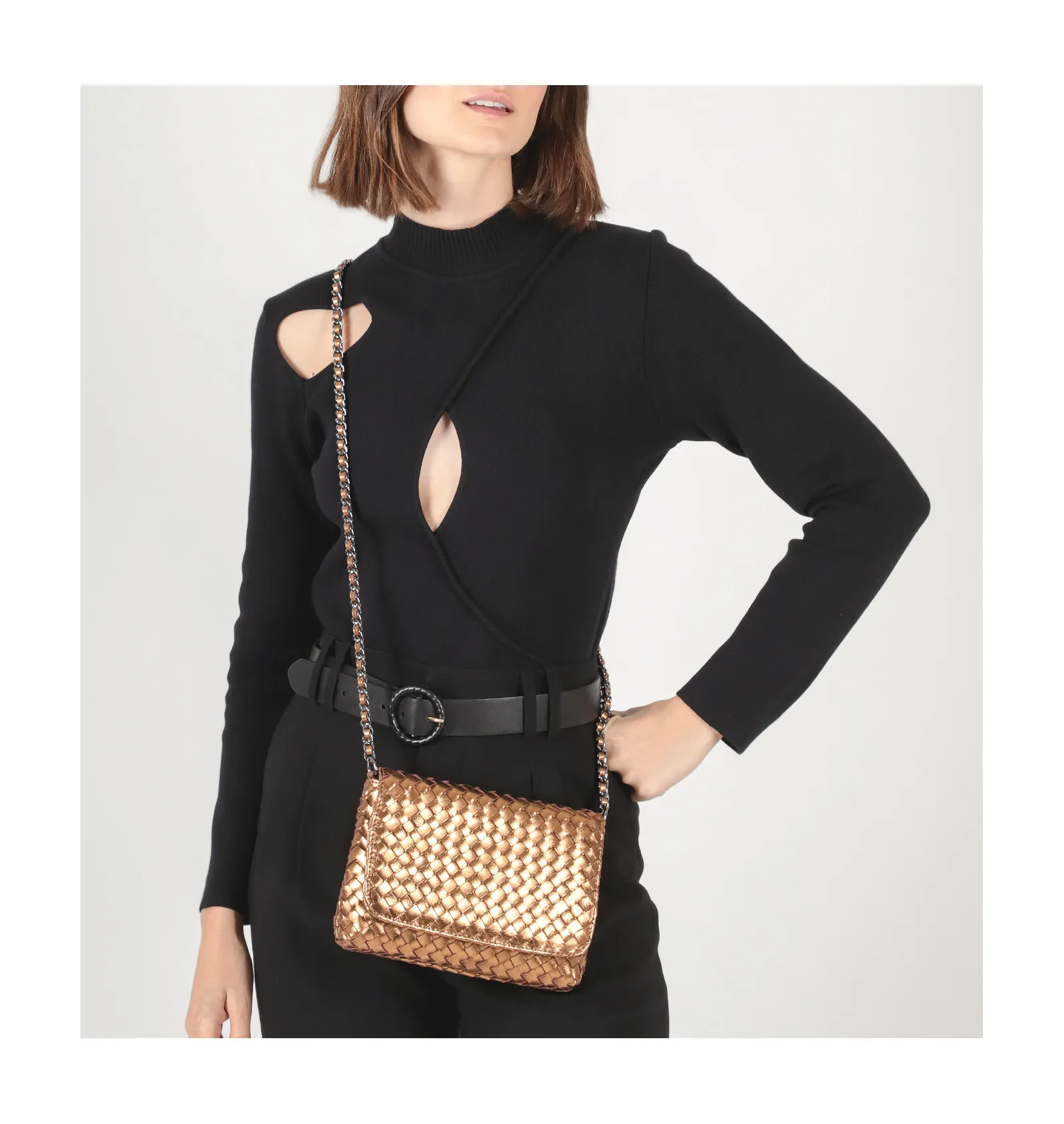 Bolsa Transversal Tressê Couro Bronze