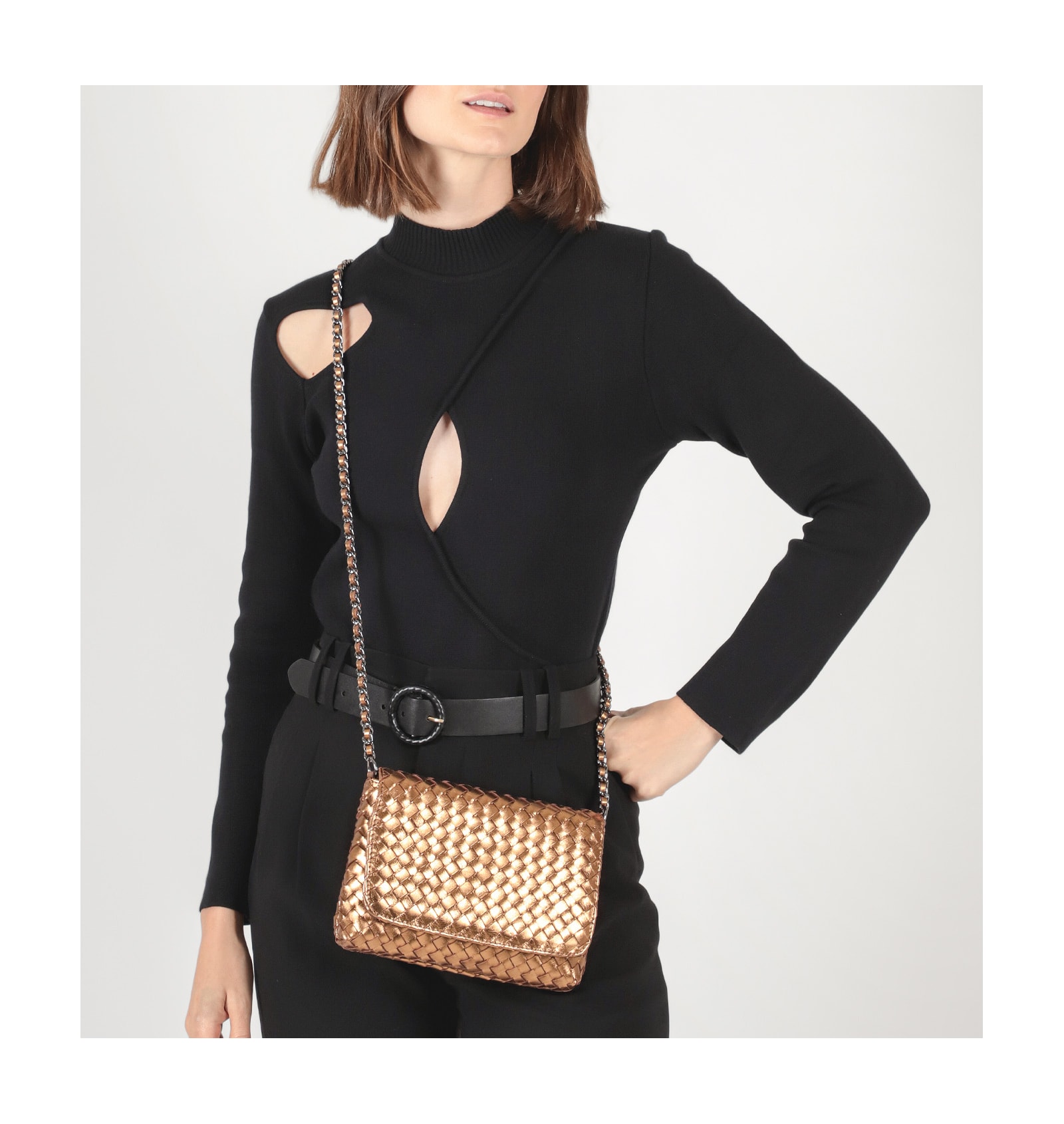 Bolsa Transversal Tressê Couro Bronze