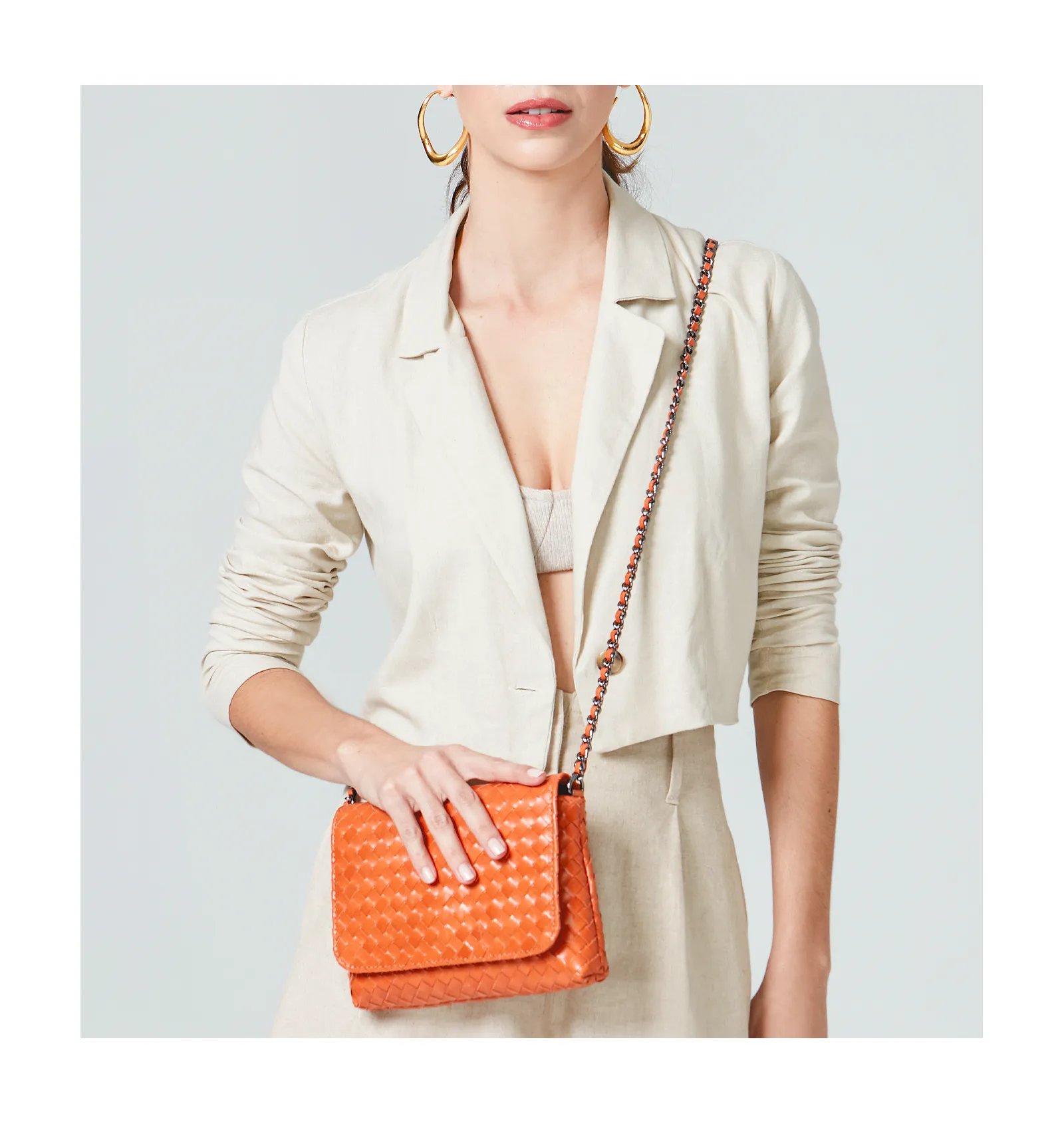 Bolsa Transversal Tressê Couro Laranja