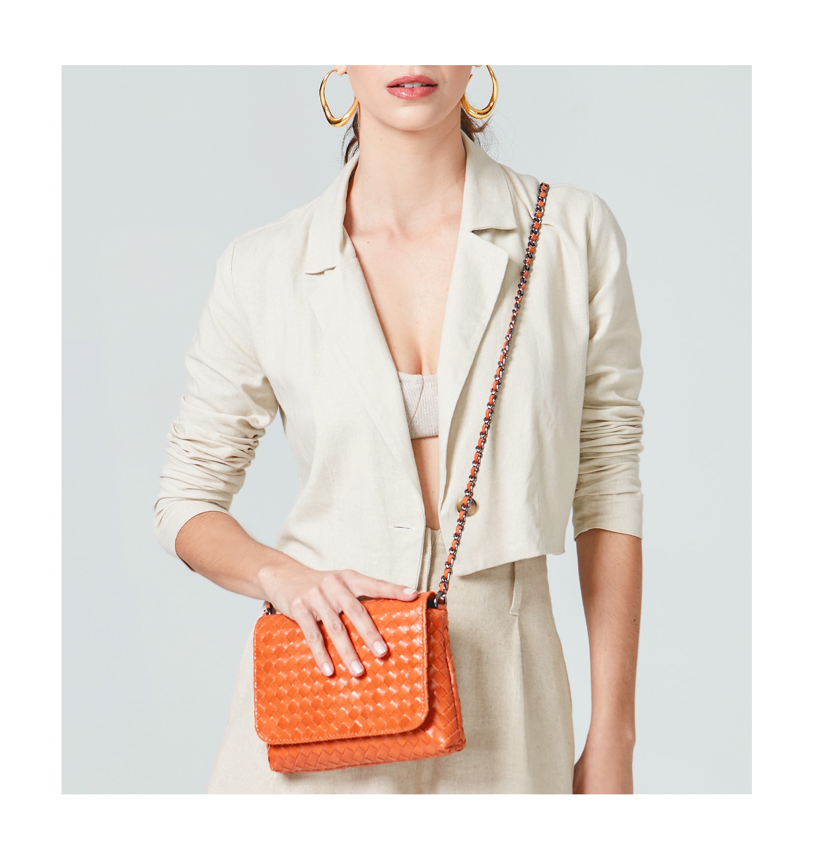Bolsa Transversal Tressê Couro Laranja