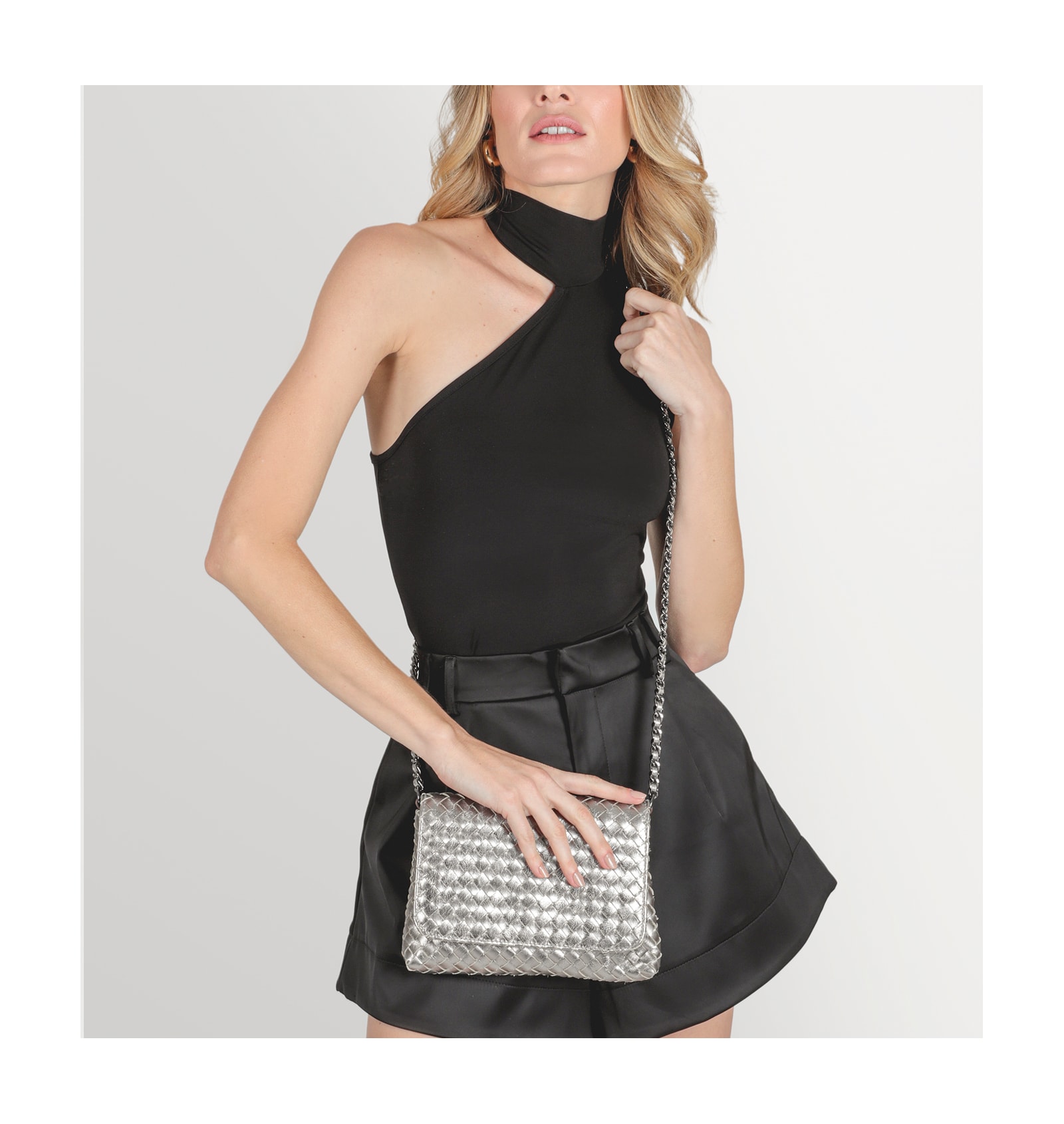Bolsa Transversal Tressê Couro Prata