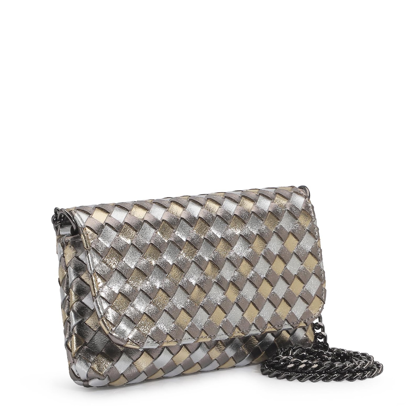 Bolsa Transversal Tressê Couro Prata/Grafite/Dourado