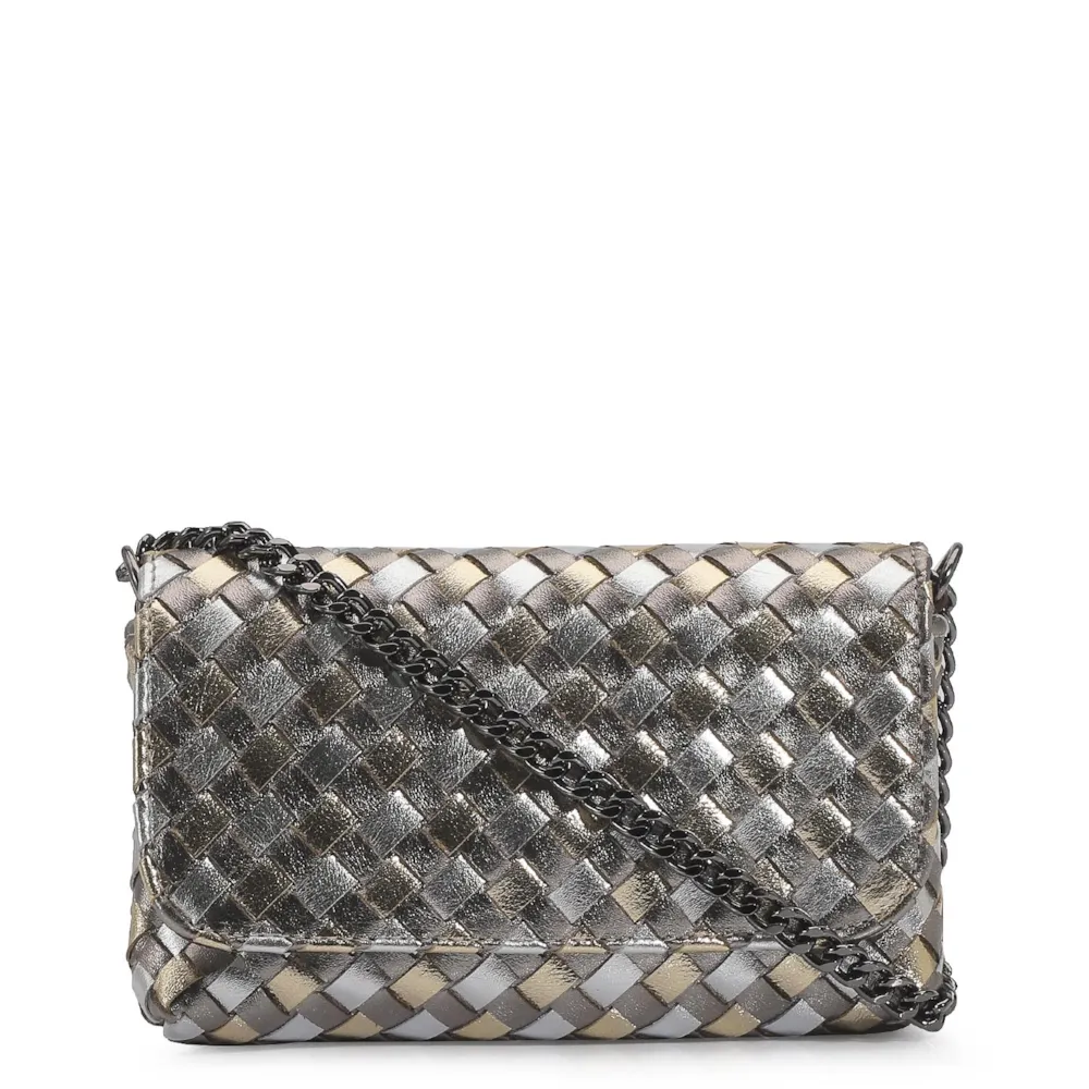 Bolsa Transversal Tressê Couro Prata/Grafite/Dourado