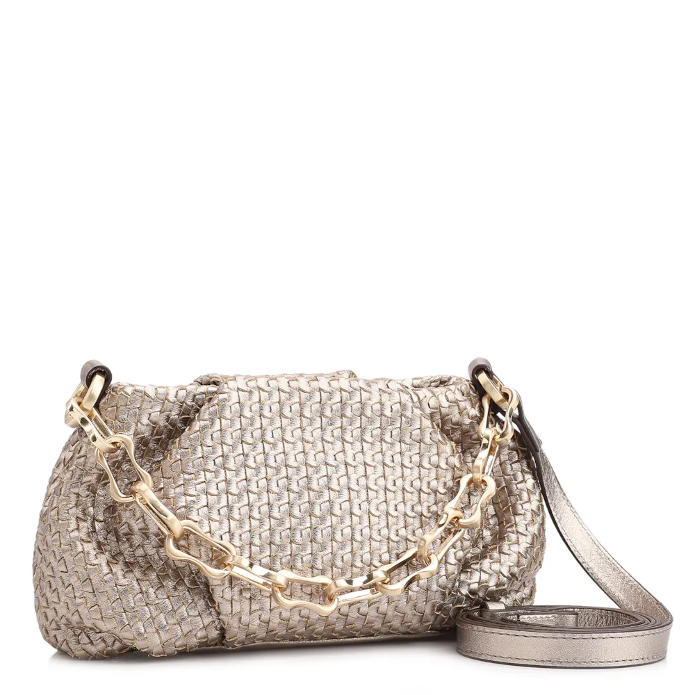 Bolsa Transversal Tressê Pequena Couro Dourado Corrente - imagem 3