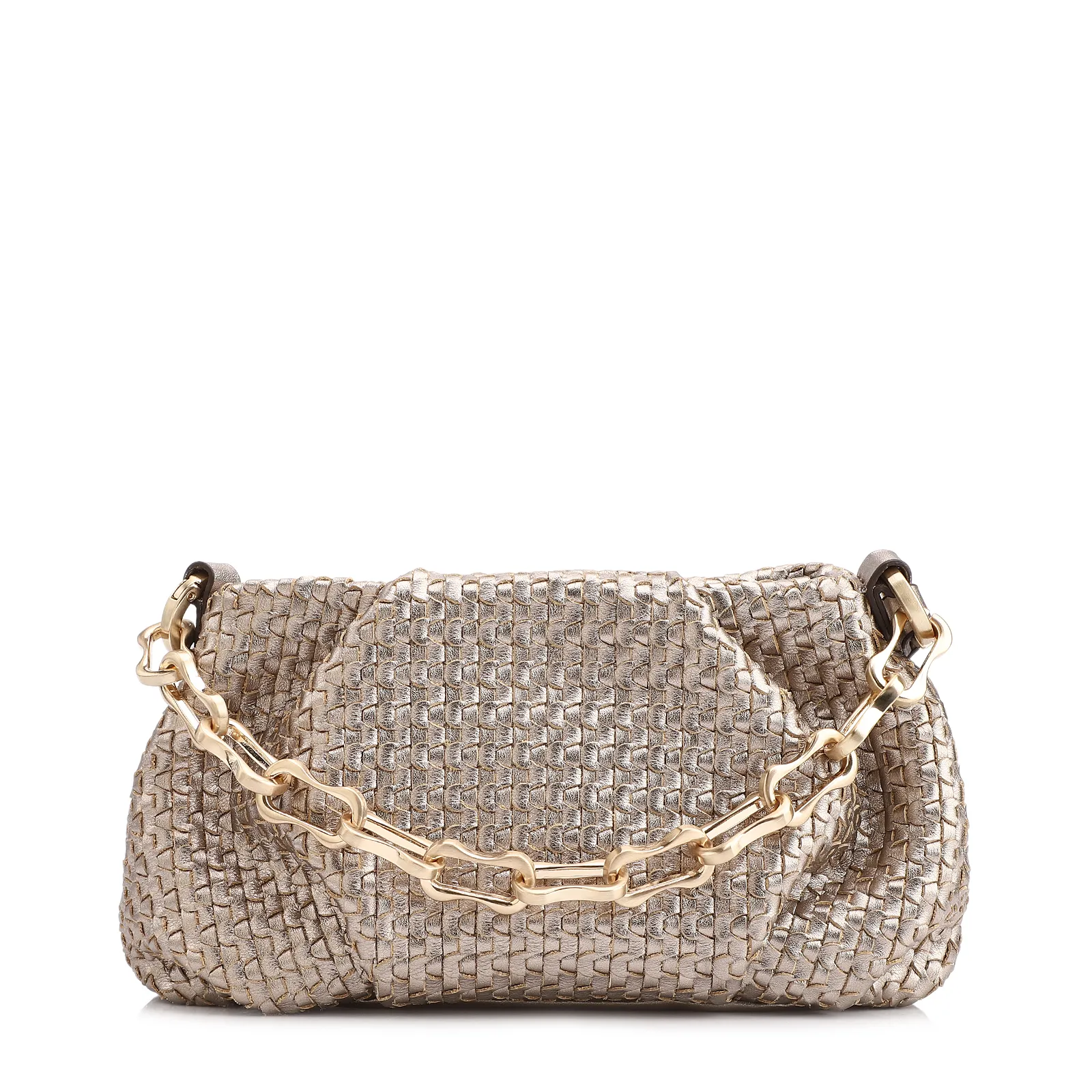 Bolsa Transversal Tressê Pequena Couro Dourado Corrente