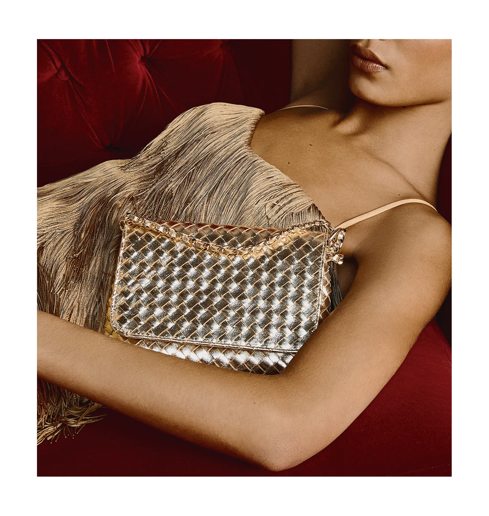 Bolsa Transversal Tressê Pequena Couro Dourado Tressê Corrente