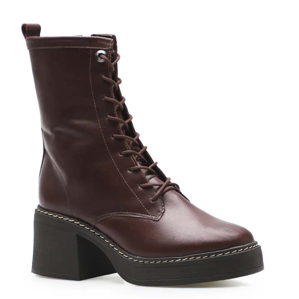 Bota Feminina Coturno Couro Marrom
