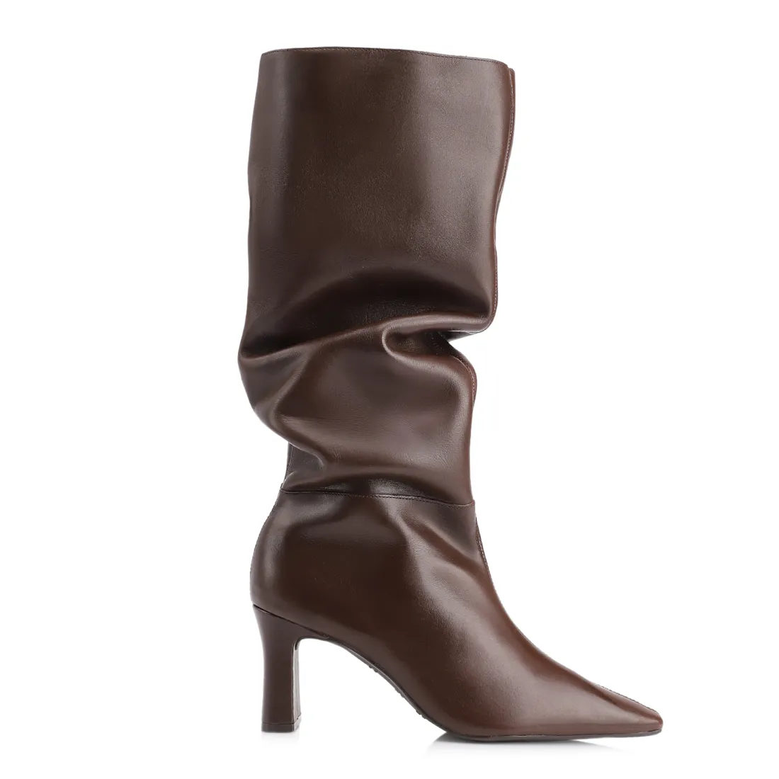 Bota Marrom Cano Alto Salto Alto Couro Alto Slouch - foto 3