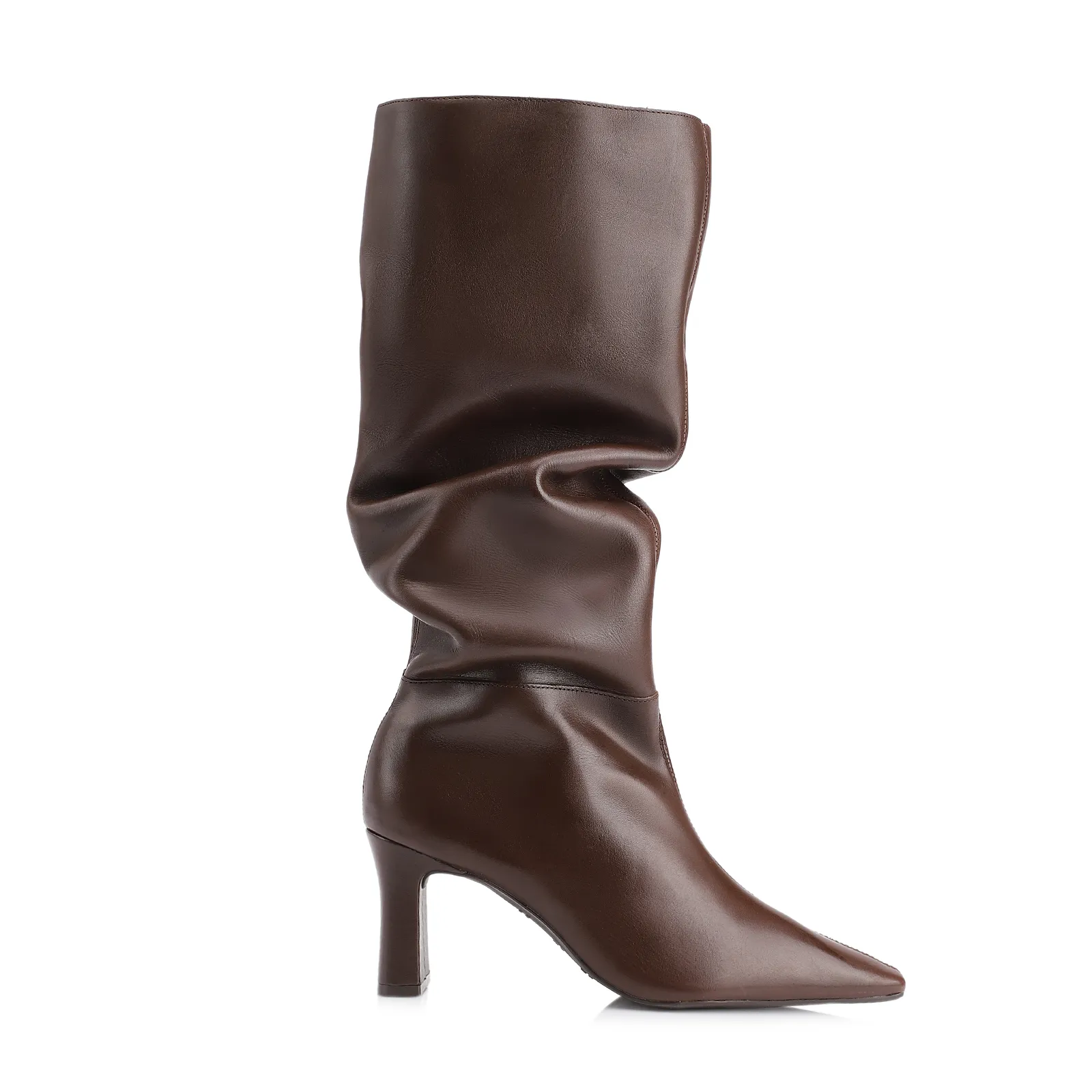 Bota Marrom Cano Alto Salto Alto Couro Alto Slouch