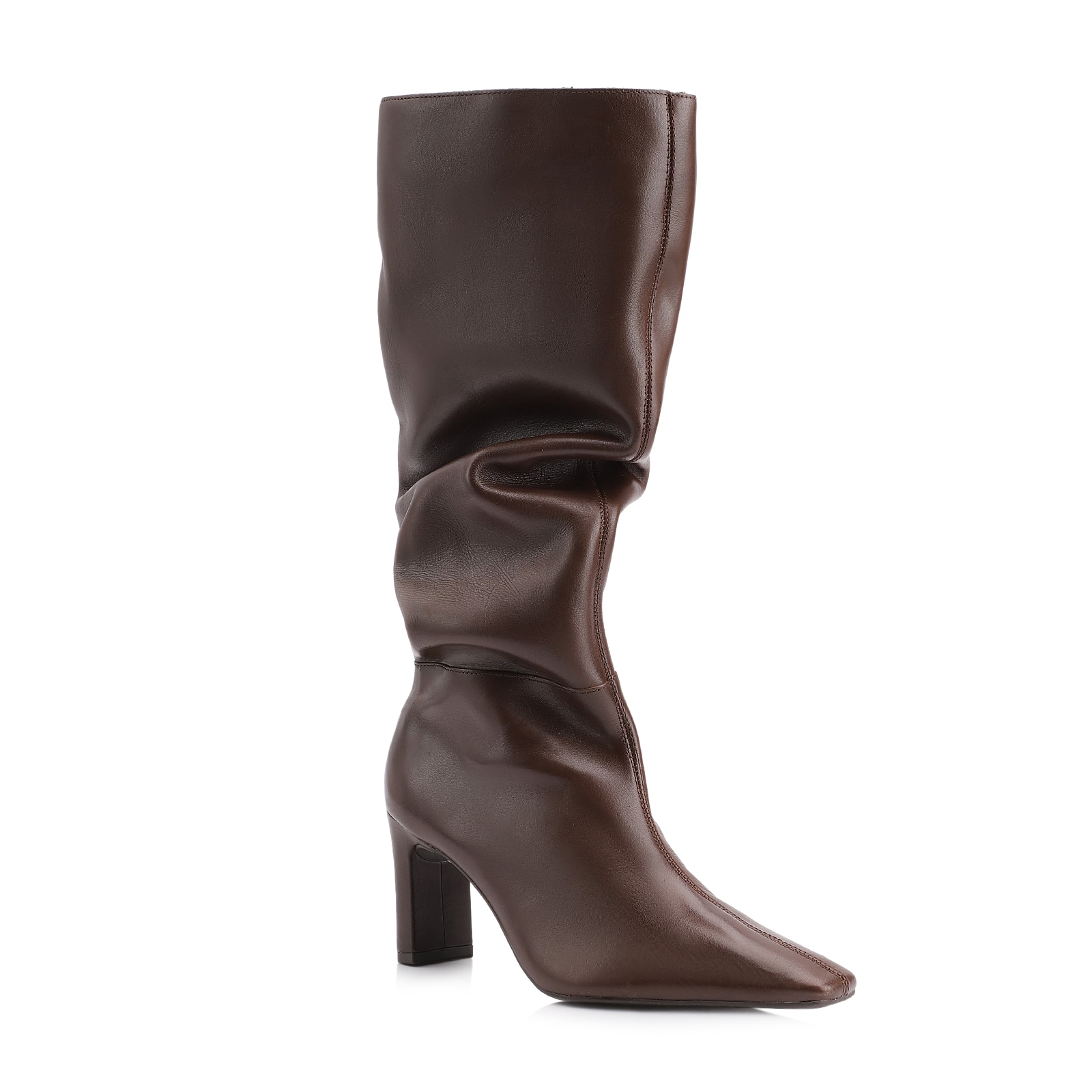 Bota Marrom Cano Alto Salto Alto Couro Alto Slouch