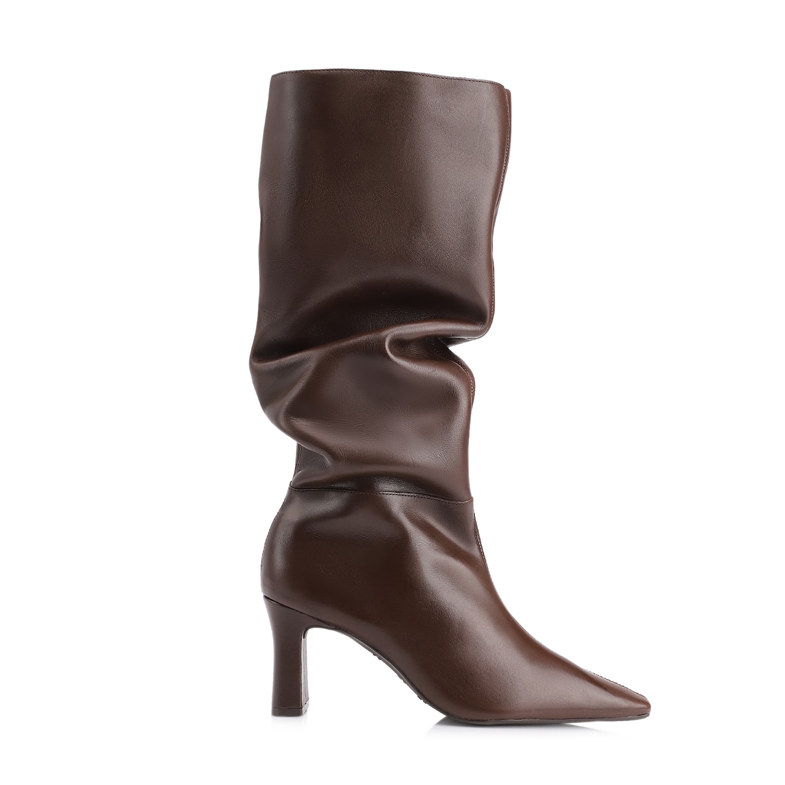 Bota Marrom Cano Alto Salto Alto Couro Alto Slouch