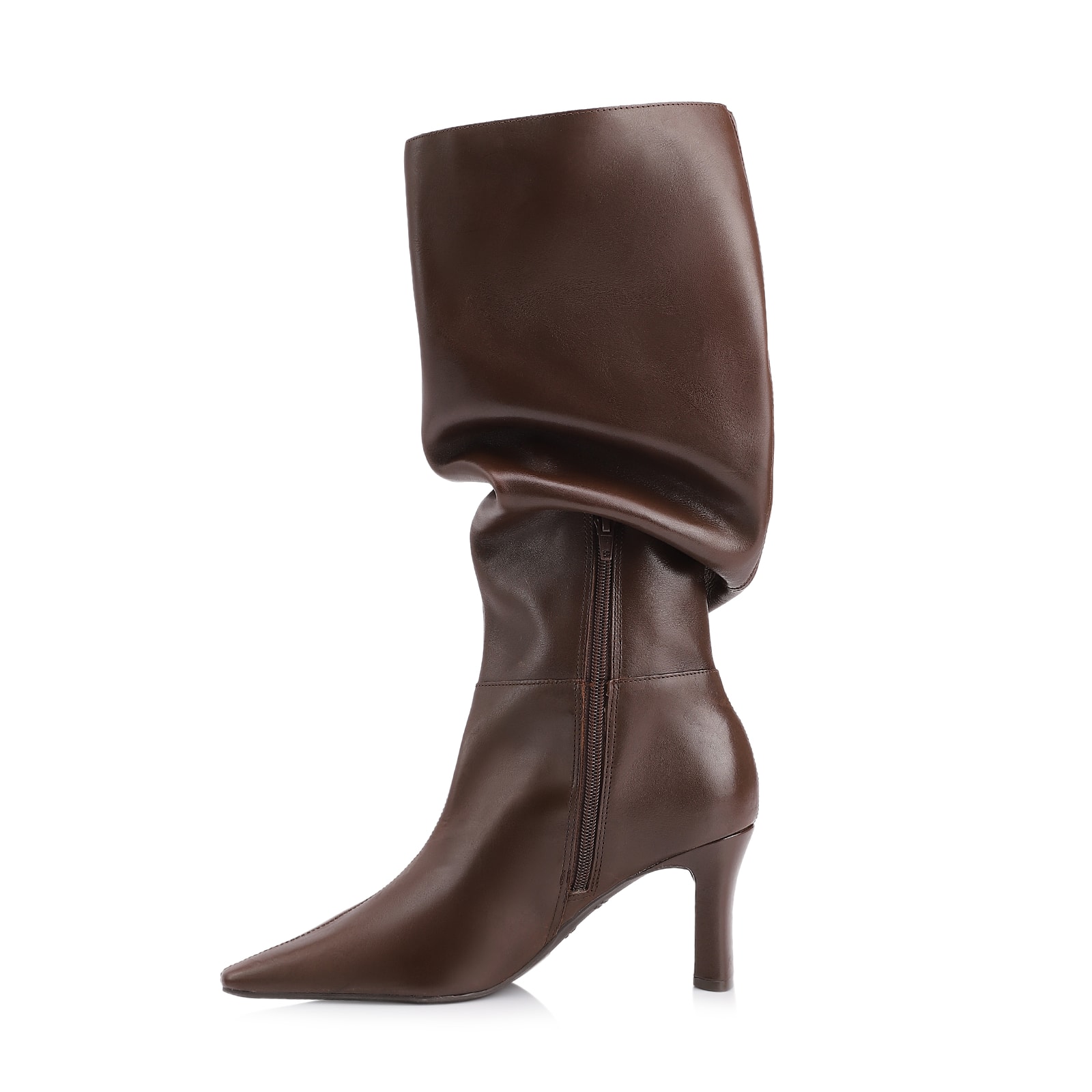 Bota Marrom Cano Alto Salto Alto Couro Alto Slouch