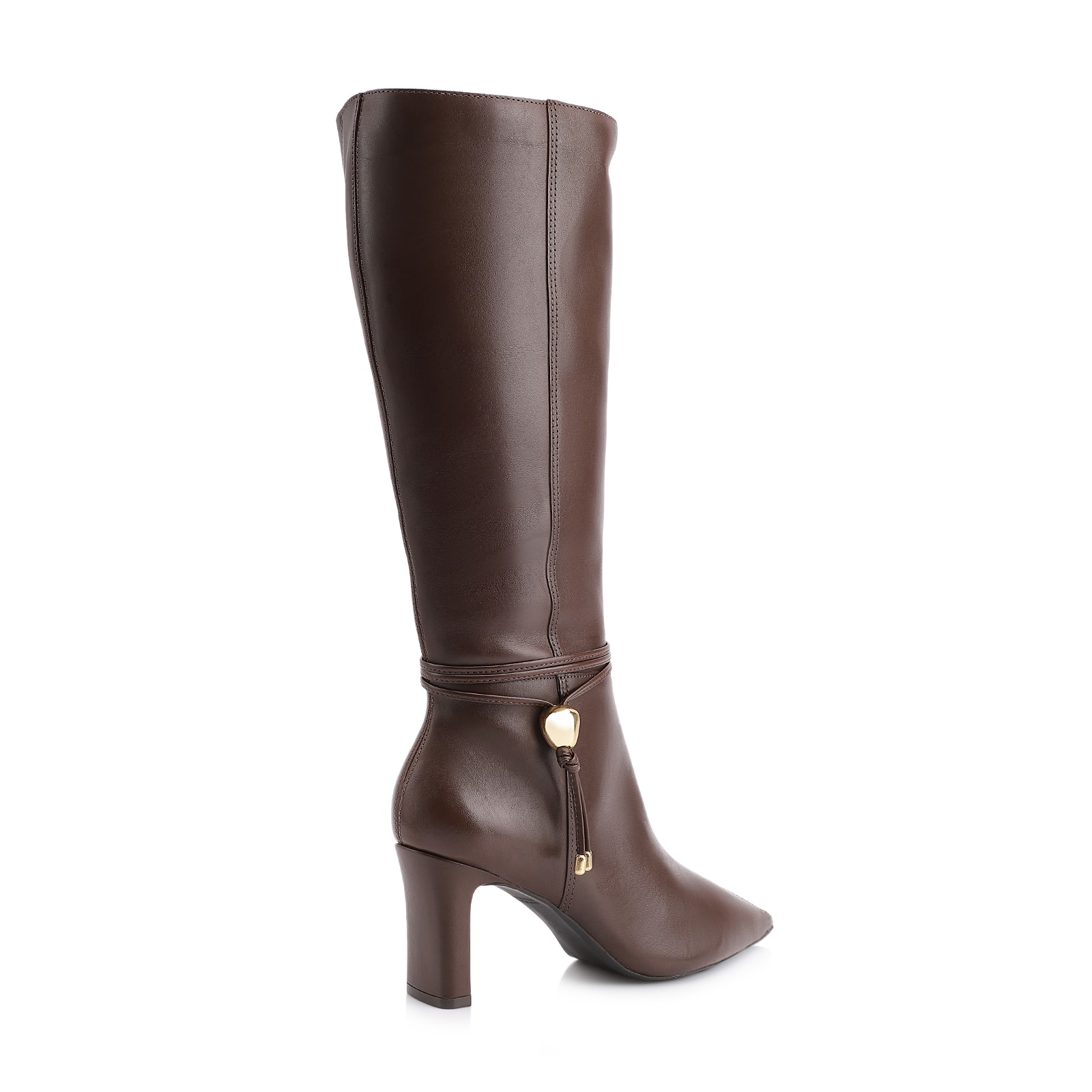 Bota Marrom Cano Alto Salto Alto Couro Pingente Dourado