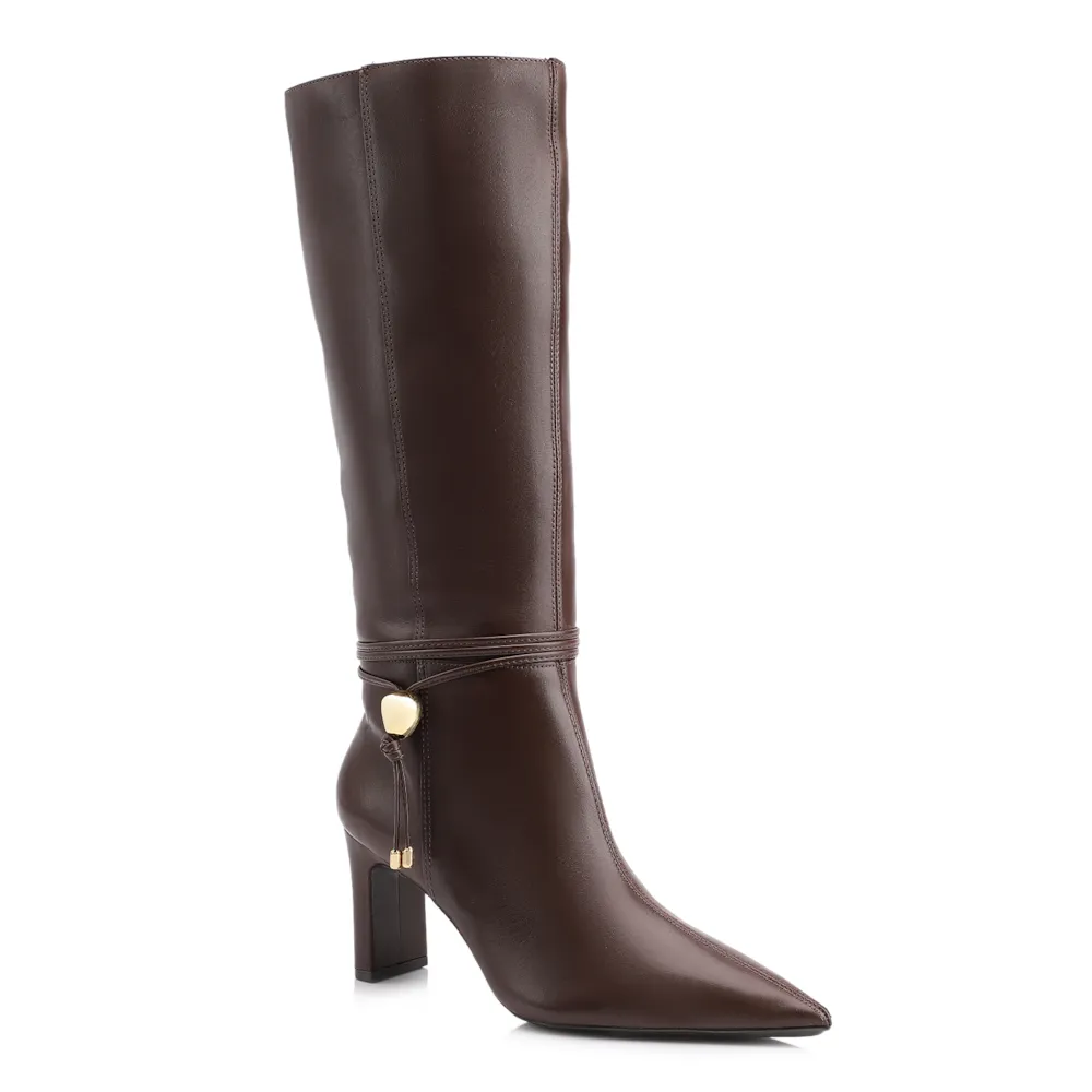 Bota Marrom Cano Alto Salto Alto Couro Pingente Dourado