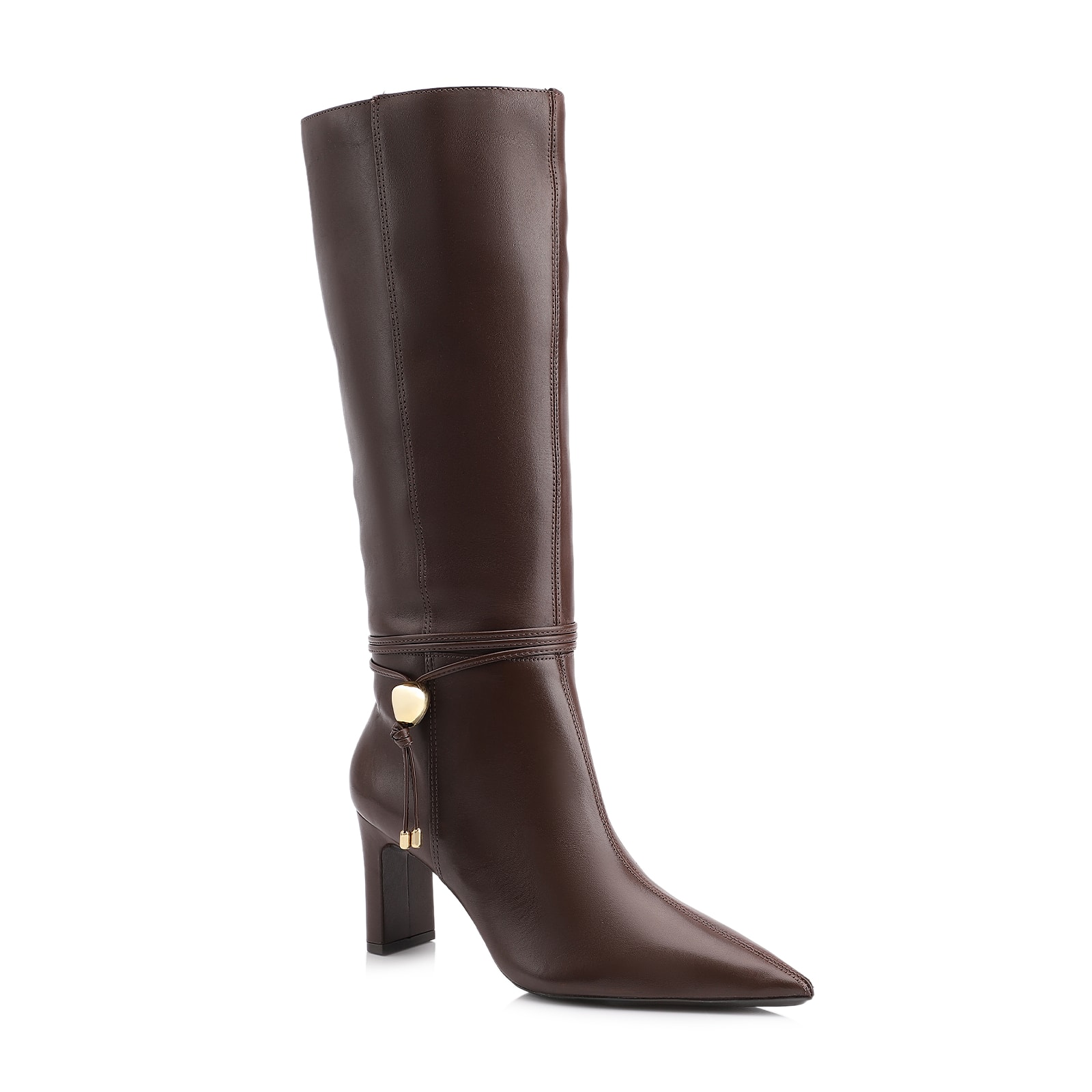 Bota Marrom Cano Alto Salto Alto Couro Pingente Dourado