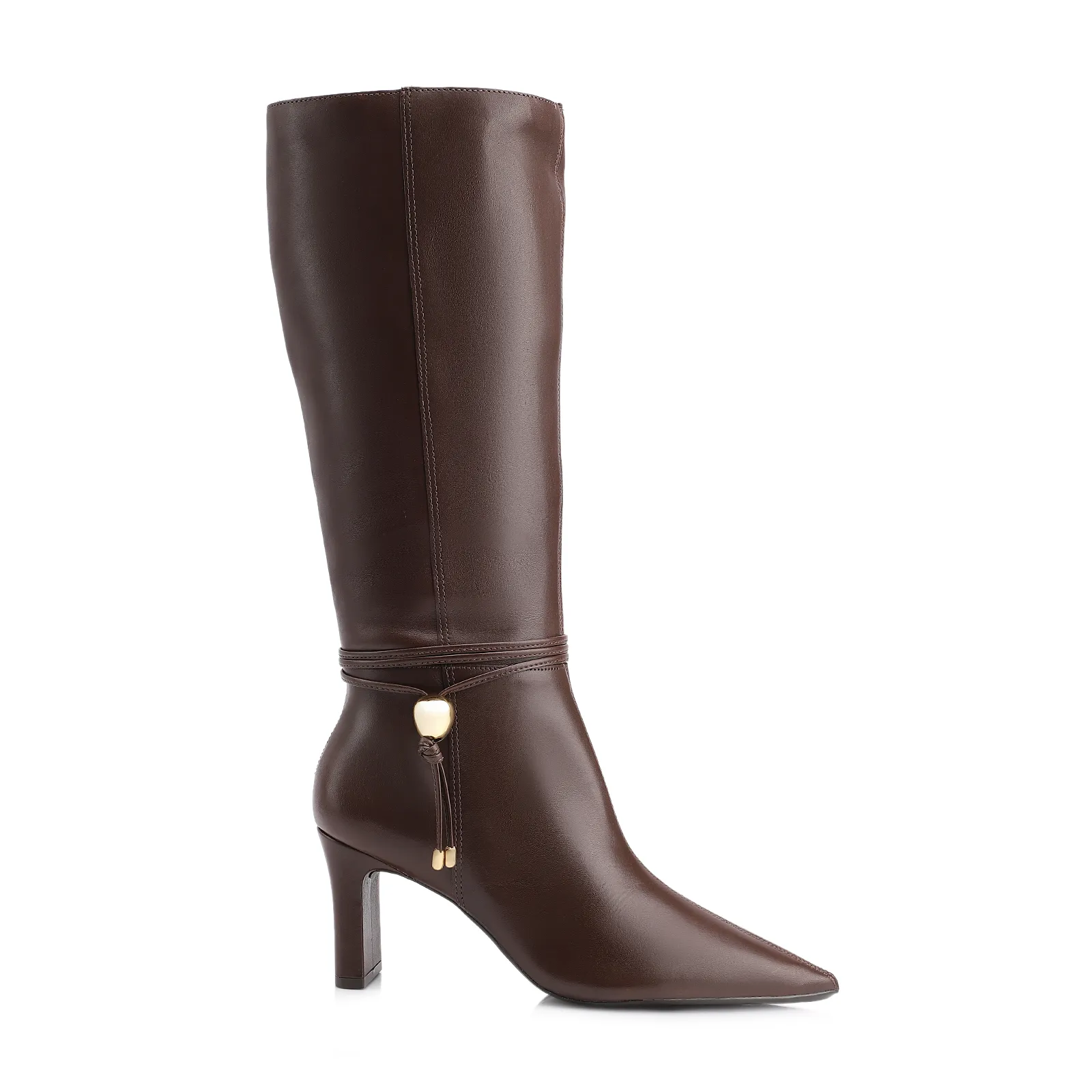 Bota Marrom Cano Alto Salto Alto Couro Pingente Dourado