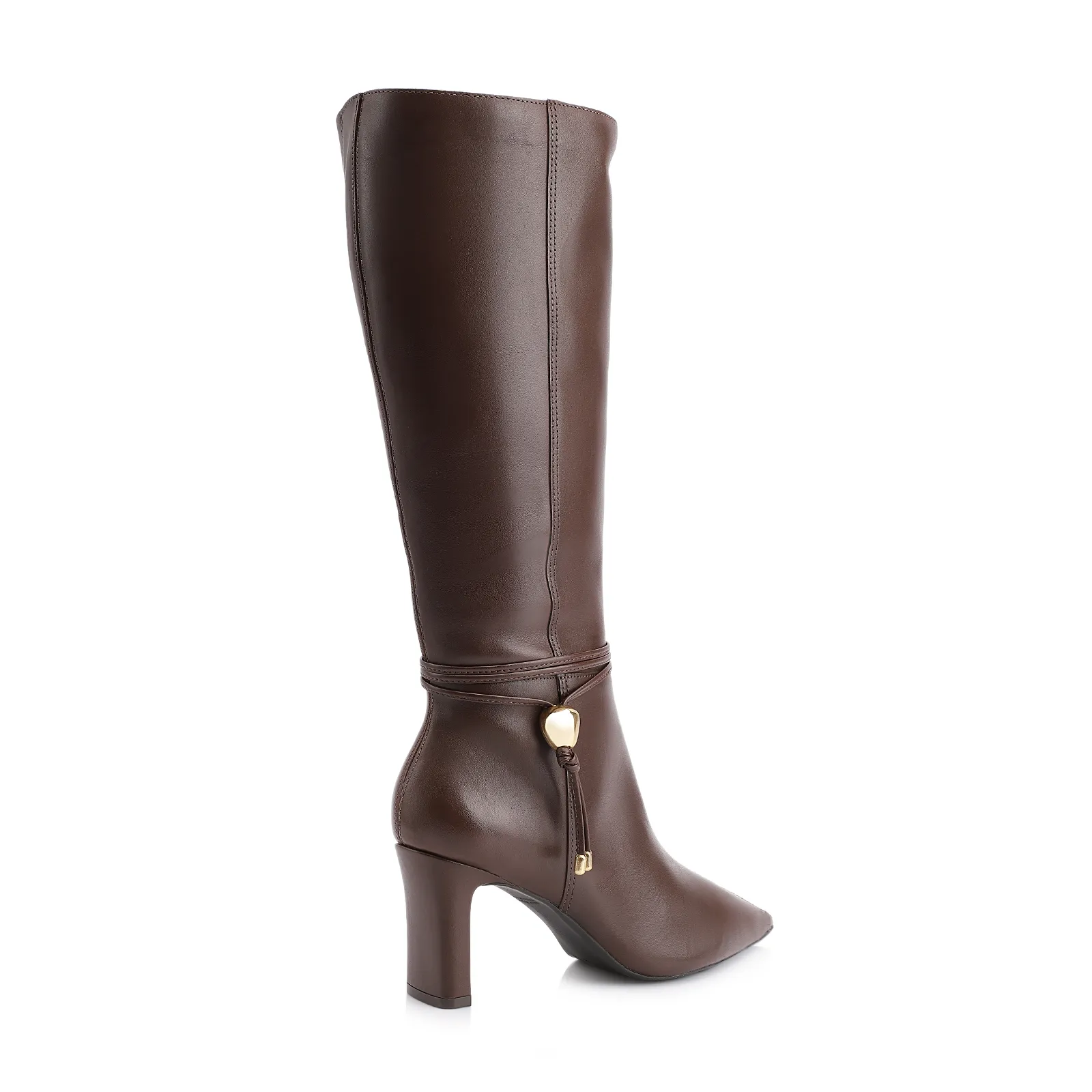Bota Marrom Cano Alto Salto Alto Couro Pingente Dourado