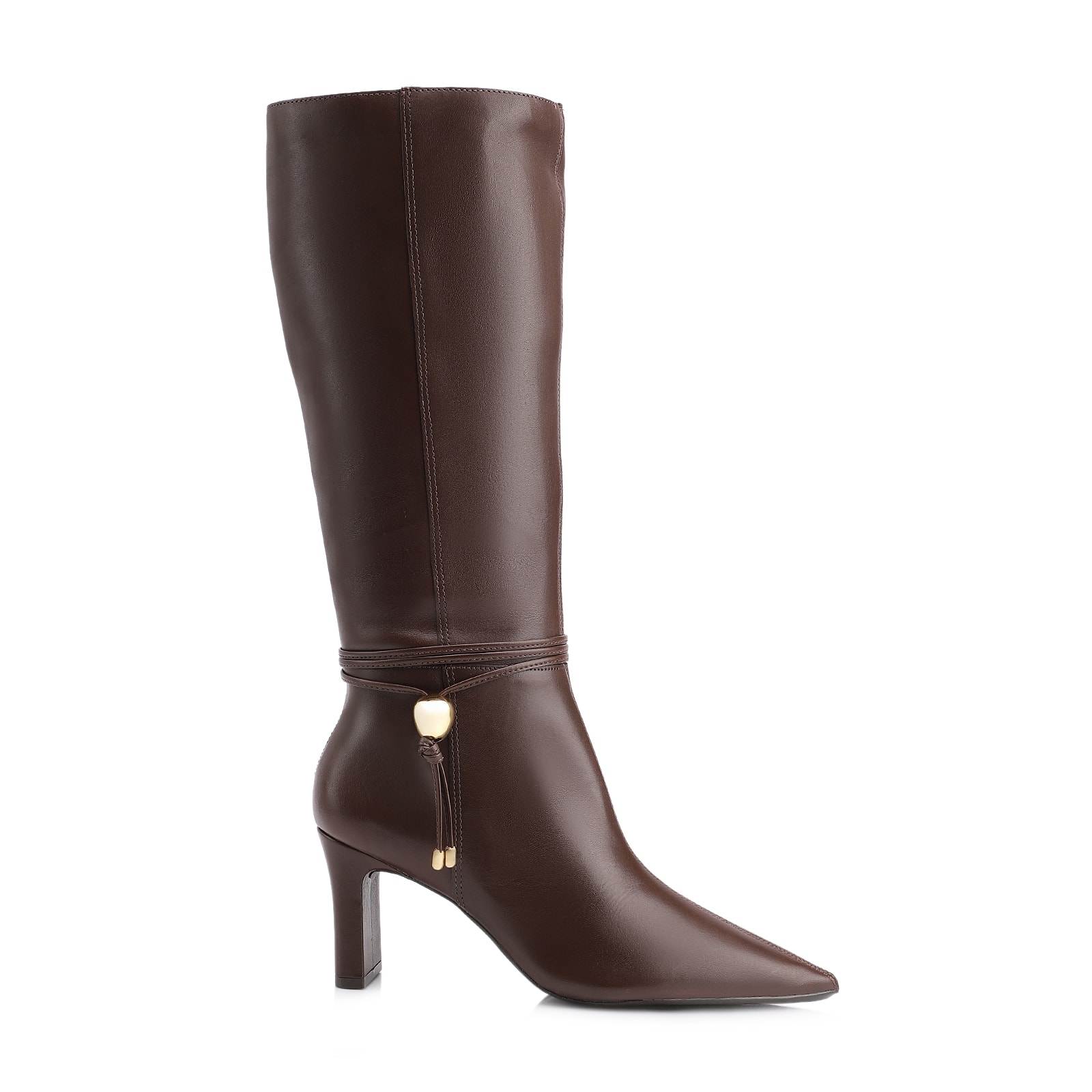 Bota Marrom Cano Alto Salto Alto Couro Pingente Dourado