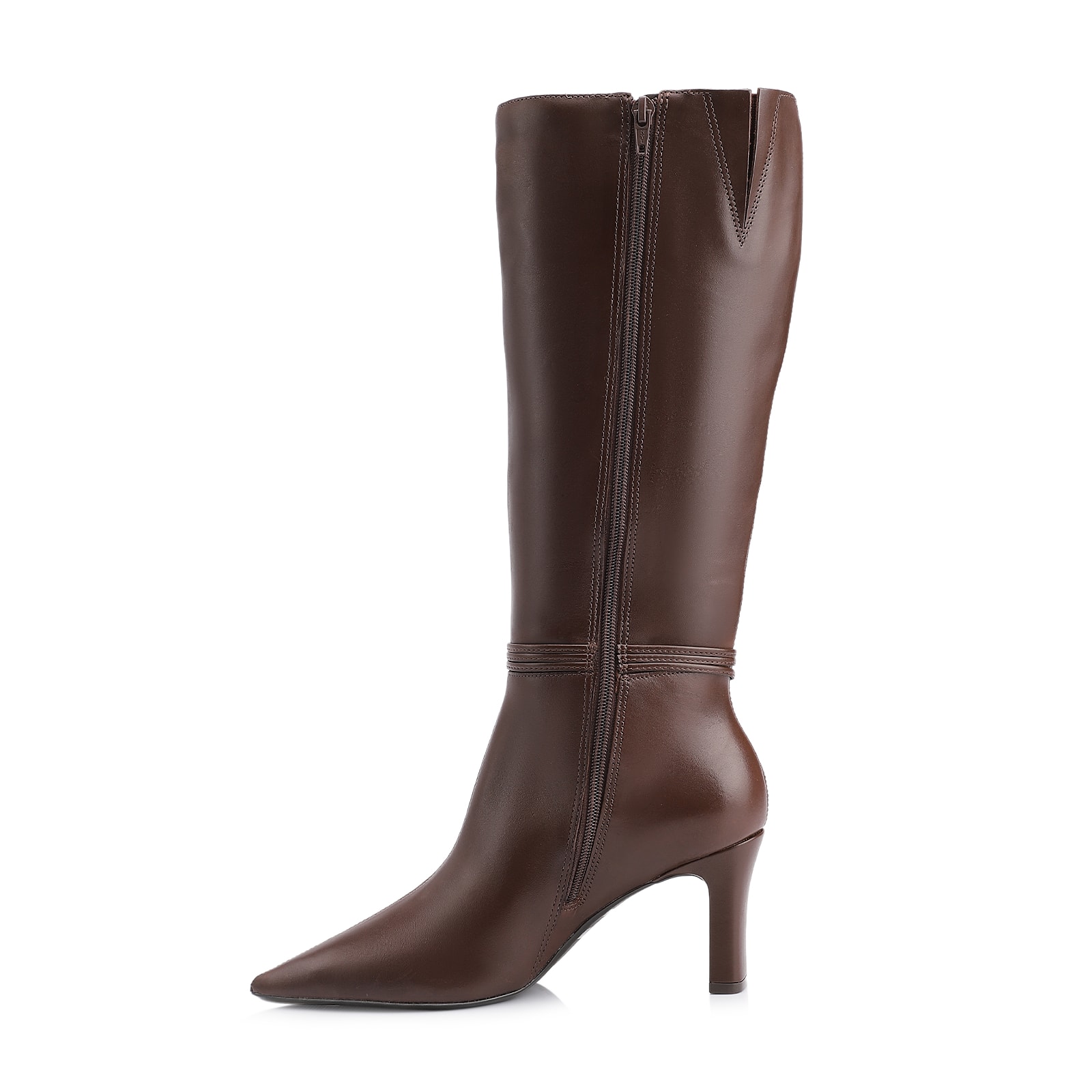 Bota Marrom Cano Alto Salto Alto Couro Pingente Dourado