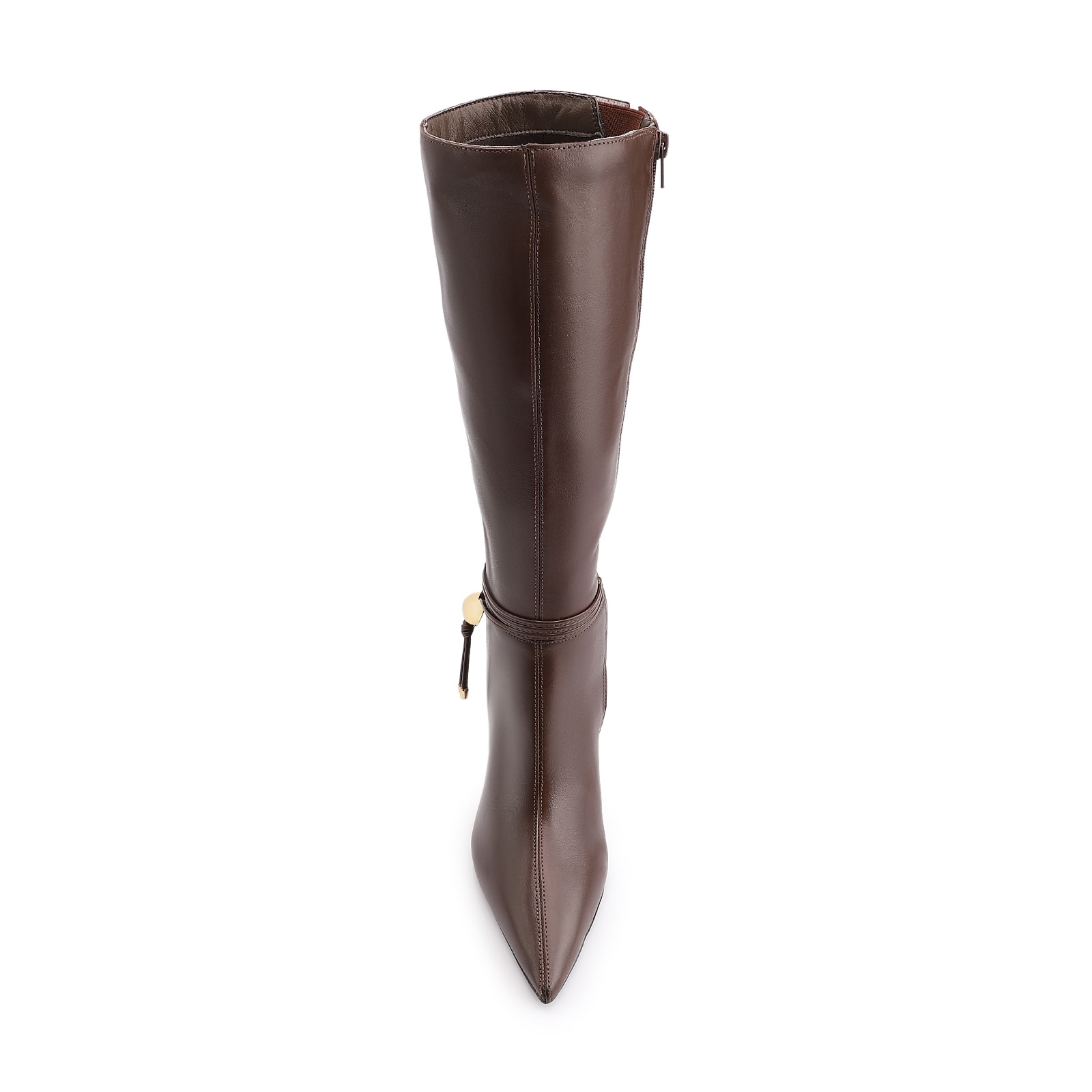 Bota Marrom Cano Alto Salto Alto Couro Pingente Dourado