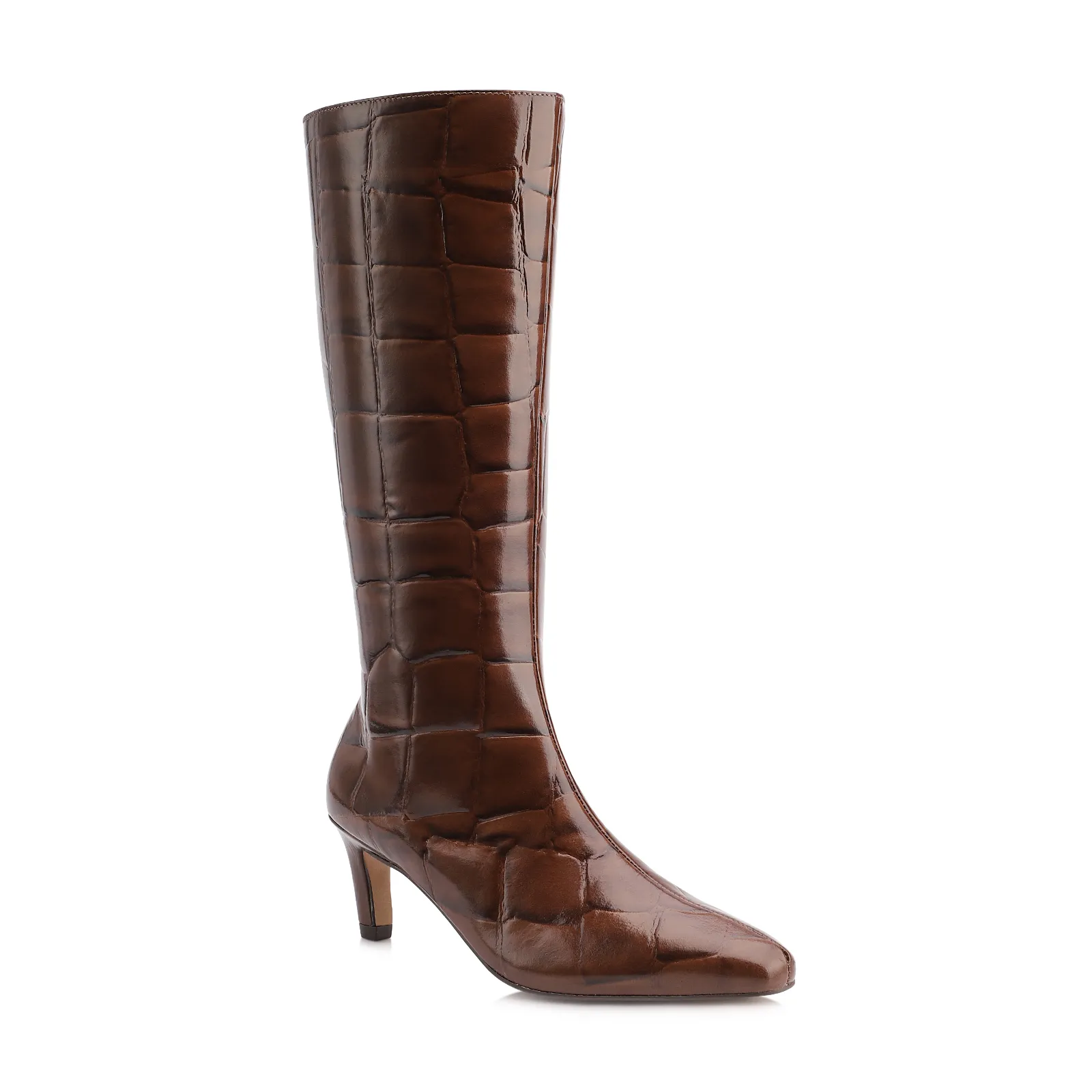 Bota Marrom Cano Alto Salto Baixo Couro Maxi Croco