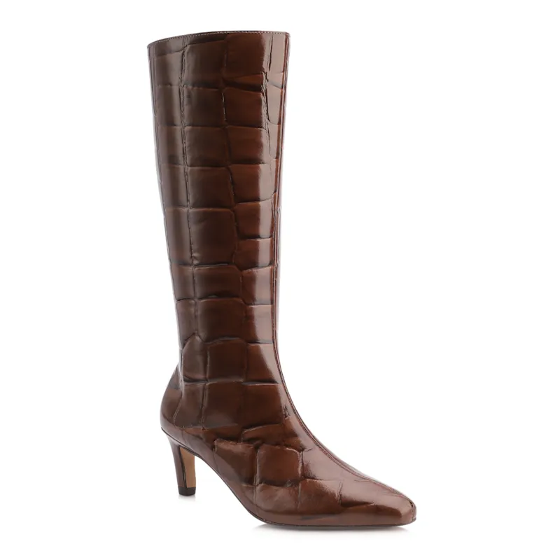 Bota Marrom Cano Alto Salto Baixo Couro Maxi Croco