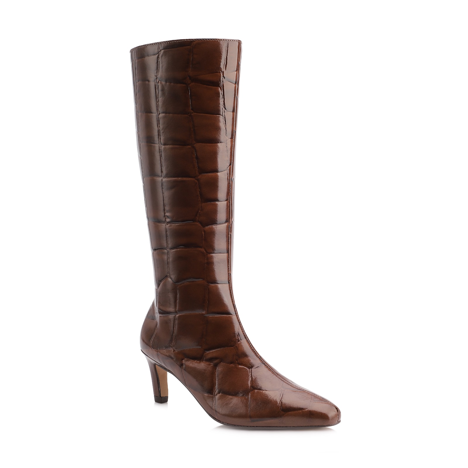 Bota Marrom Cano Alto Salto Baixo Couro Maxi Croco