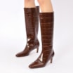 Bota Marrom Cano Alto Salto Baixo Couro Maxi Croco - imagem 2