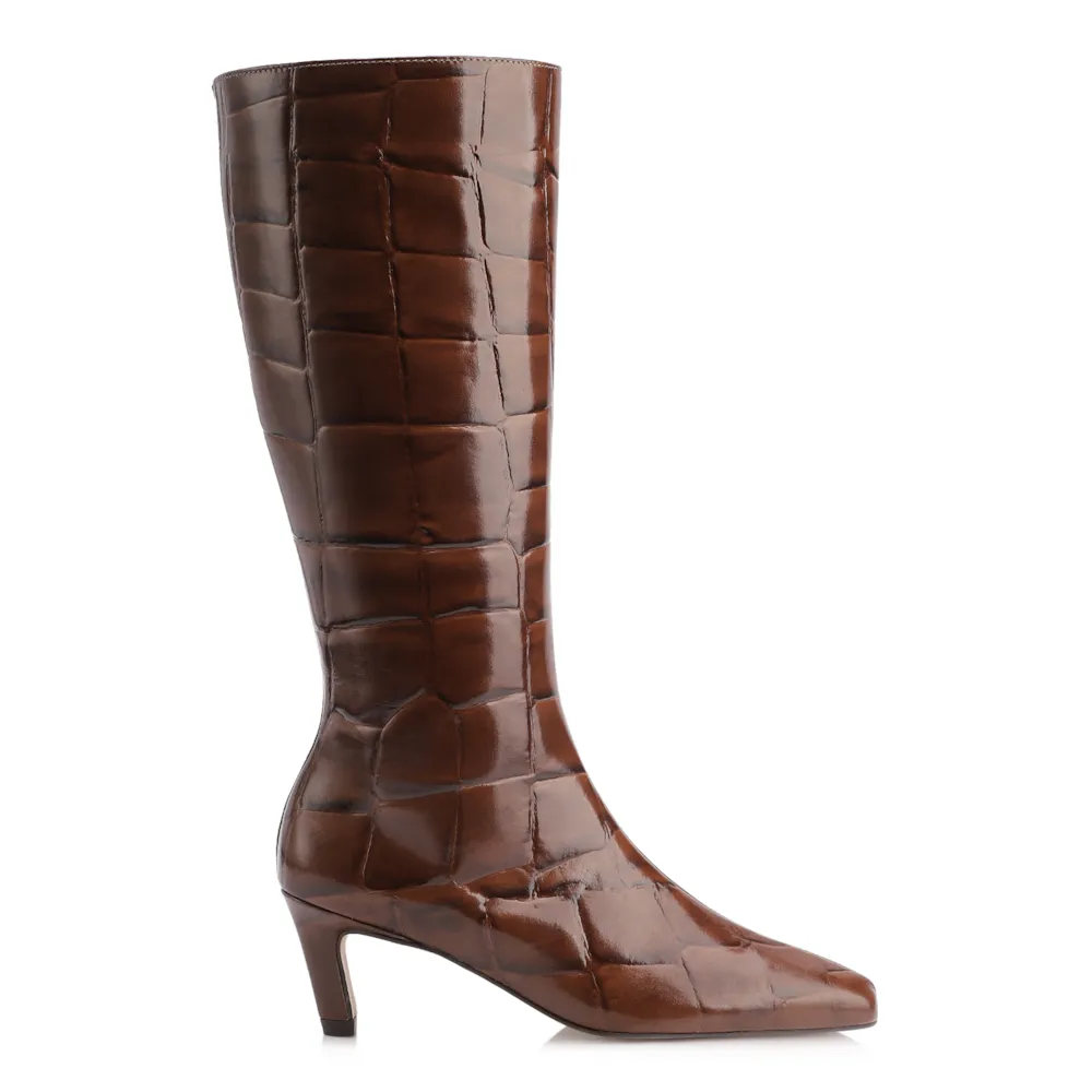 Bota Marrom Cano Alto Salto Baixo Couro Maxi Croco - imagem 3