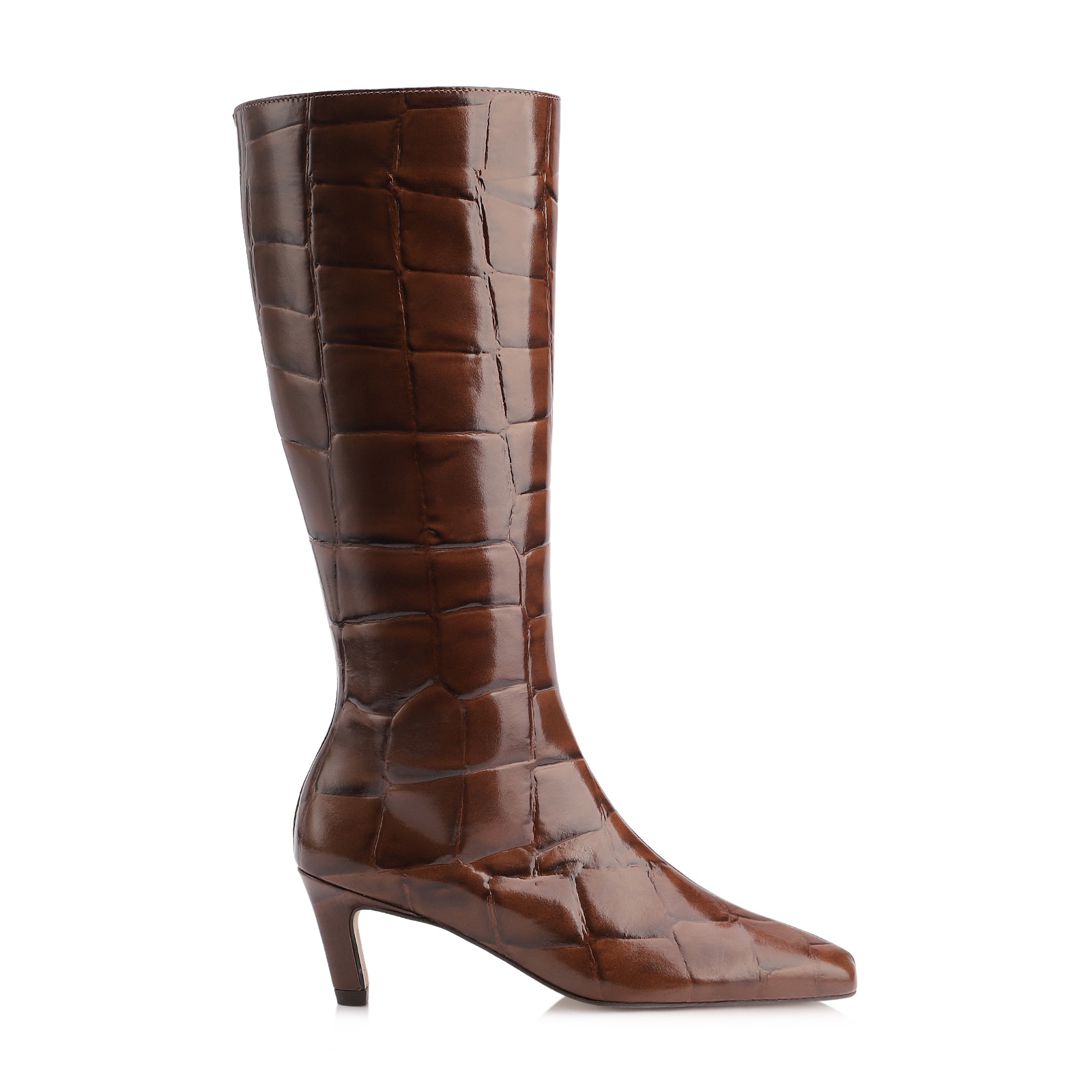 Bota Marrom Cano Alto Salto Baixo Couro Maxi Croco