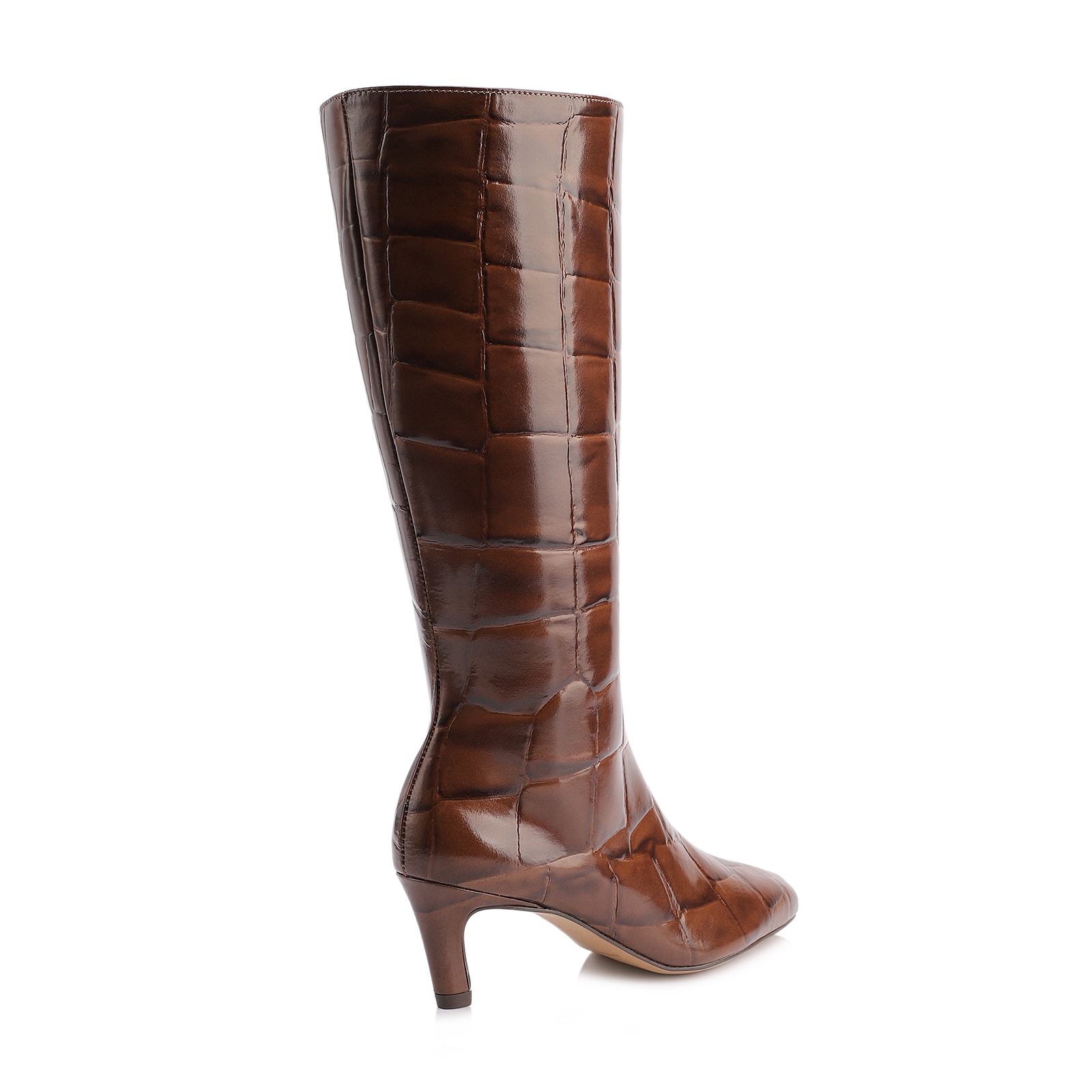 Bota Marrom Cano Alto Salto Baixo Couro Maxi Croco